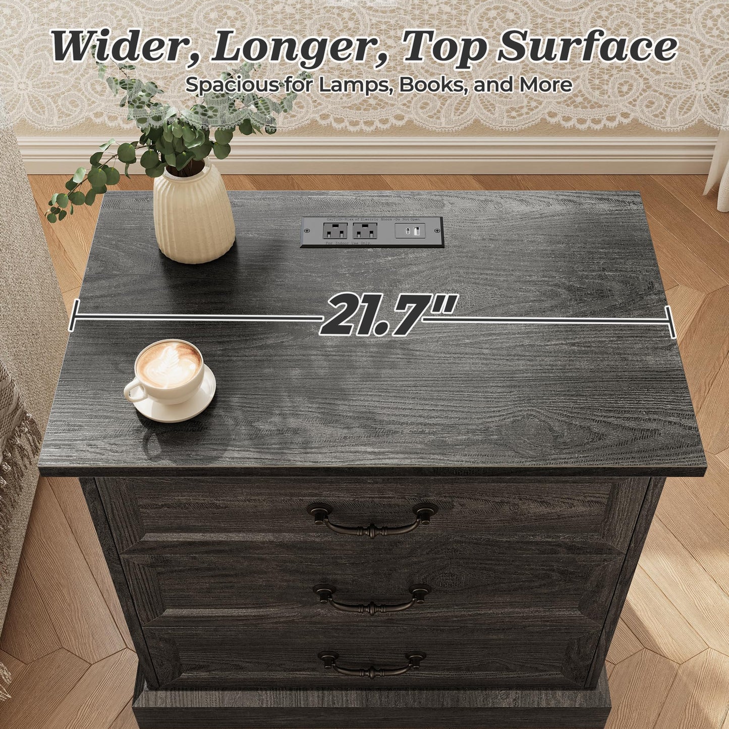 Huuger Nightstand with Charging Station, 3 Drawer Night Stand, 22 Inch Wider Side Table with Storage, Farmhouse Nightstand with Vintage Handles, Thicken Base, for Bedroom, Black