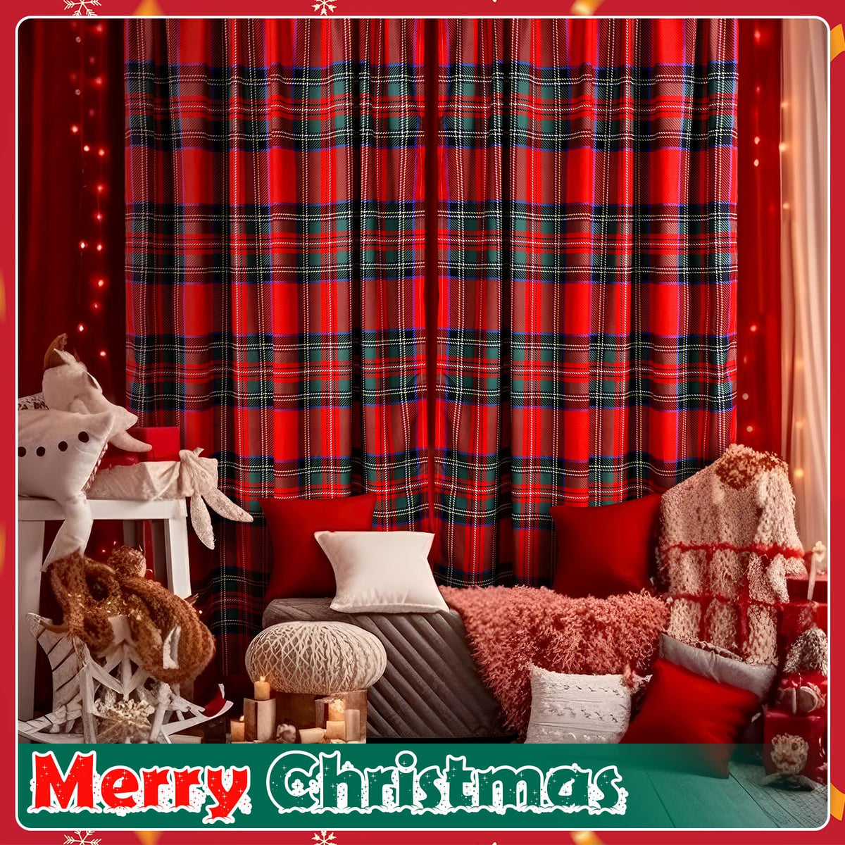Fanfanwin Red Plaid Curtains 52" w x 63" L Red and Black Green Buffalo Tartan Plaid Curtain Farmhouse Xmas Window Drapes for Living Room Bathroom Home Decoration