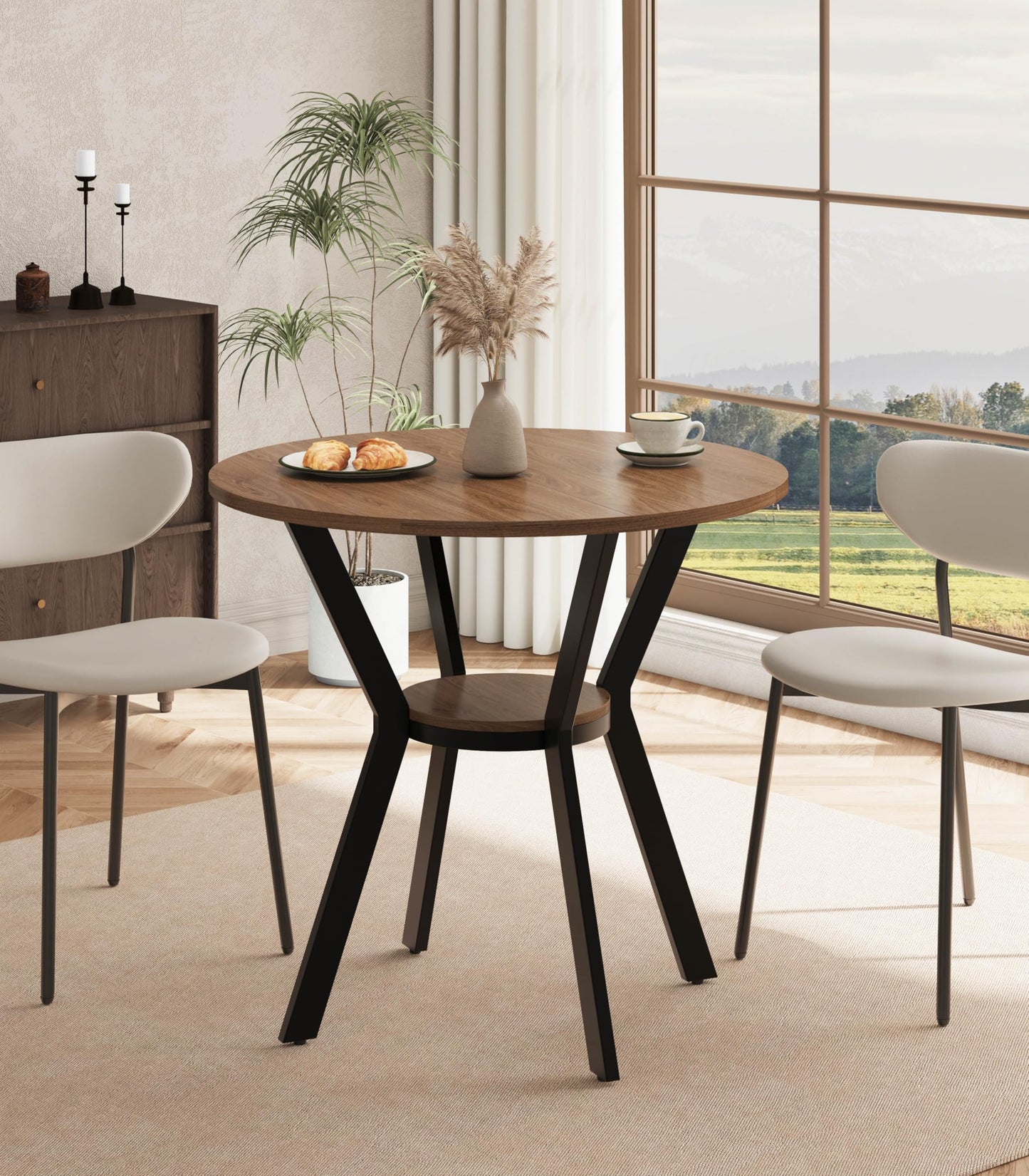 MECHYIN 31.5" Round Dining Table for 2-4, Farmhouse Small Kitchen Table with Storage, Space Saving Circle Table, Rustic Wood Dining Room Tables with Metal Legs for Kitchen, Dining Room, Apartment