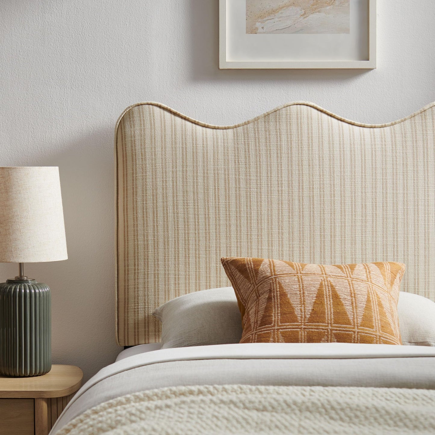 Monday Athena Striped Fabric Upholstered Twin Size Adjustable Headboard in Oatmeal Stripe - with Scalloped Wave Design and Soft Linen-Like Fabric