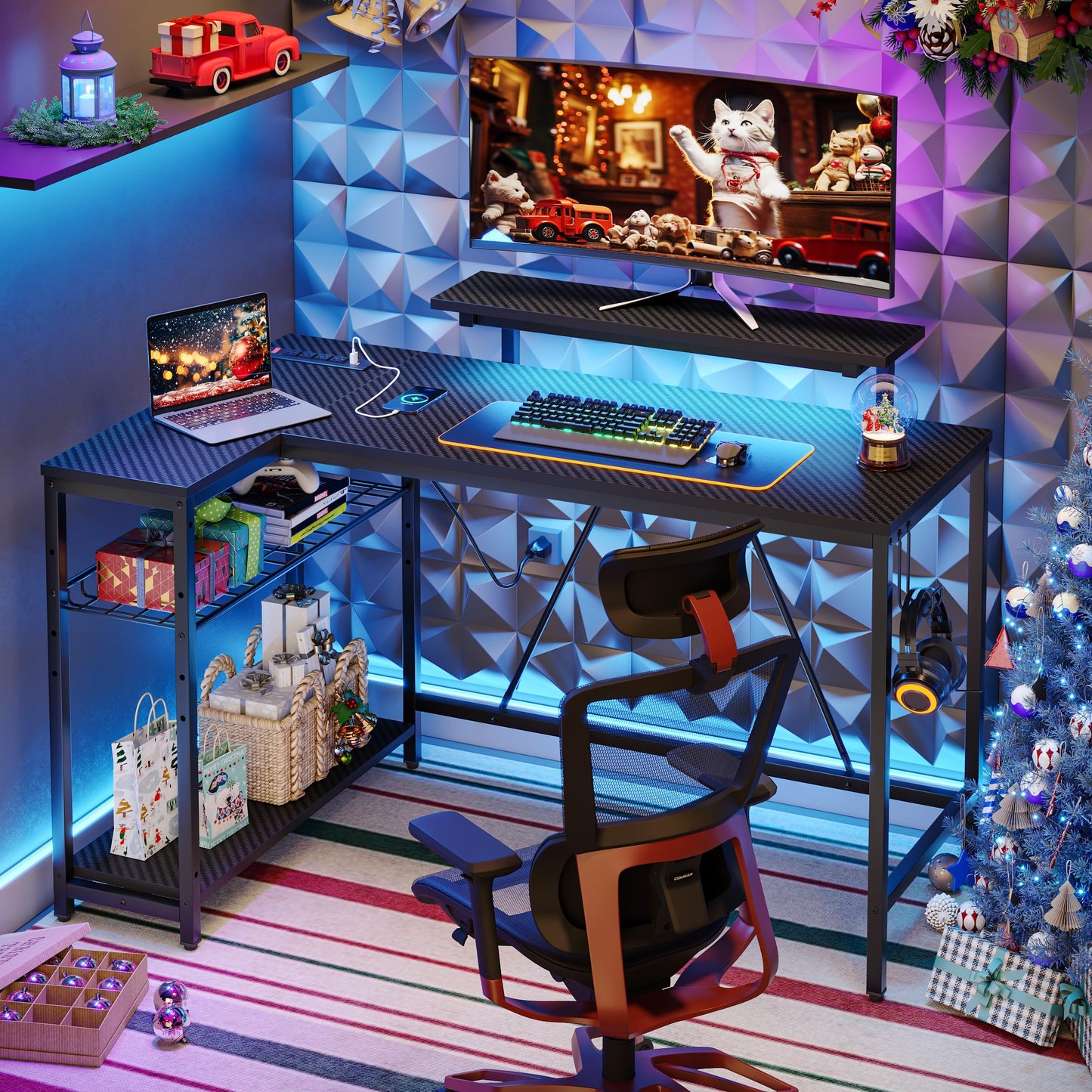 Bestier 52" Gaming Desk with Integrated Power Outlet & USB Ports, L-Shaped Computer Desk with LED Strip & Headphone Hooks, Perfect for Home Office Pink,Carbon Fiber Black