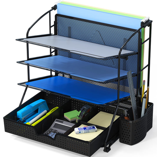 Simple Houseware Desktop Document Tray Organizer with Sliding Drawer, Caddy, Hanging File Section, Black