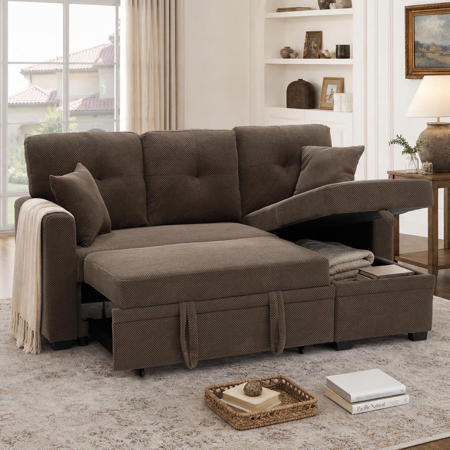 WuerQi 71" Sofa Bed with Queen Size Pull Out Couch, Sectional Sleeper Sofa with Reversible Storage Chaise, L Shaped Couch for Living Room, Apartment and Small Spaces (Coffee-L Shaped)