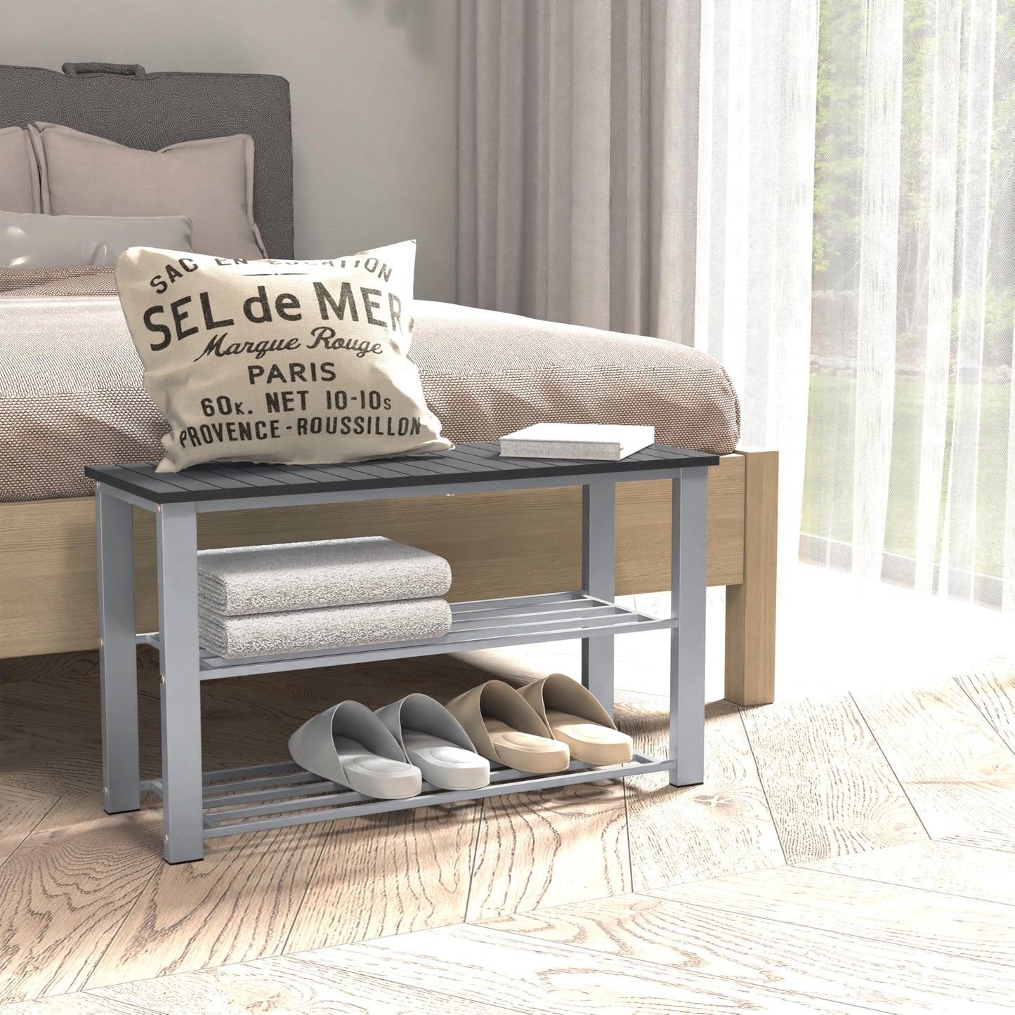 Simple Houseware Wood Top Shoe Storage Bench for Entryway, Grey