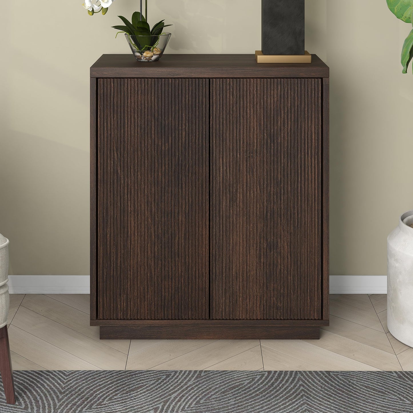 Henn&Hart 28" Fluted Wooden Accent Cabinet, Ribbed Modern Sideboard Buffet Cabinet with 2 Doors and an Adjustable Shelf for Living Room, Dining Room, Bedroom or Entryway, Cloud White