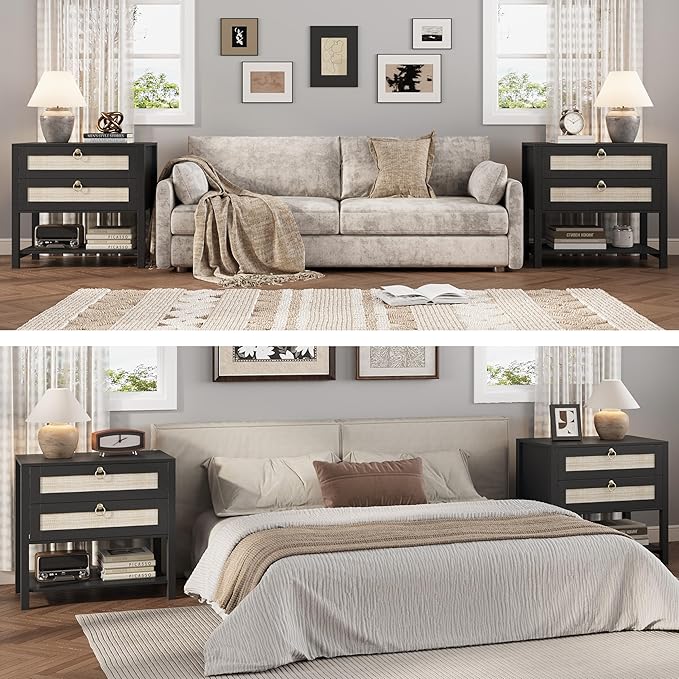 Xixini Nightstand Set of 2, Rattan Boho Bedside Table