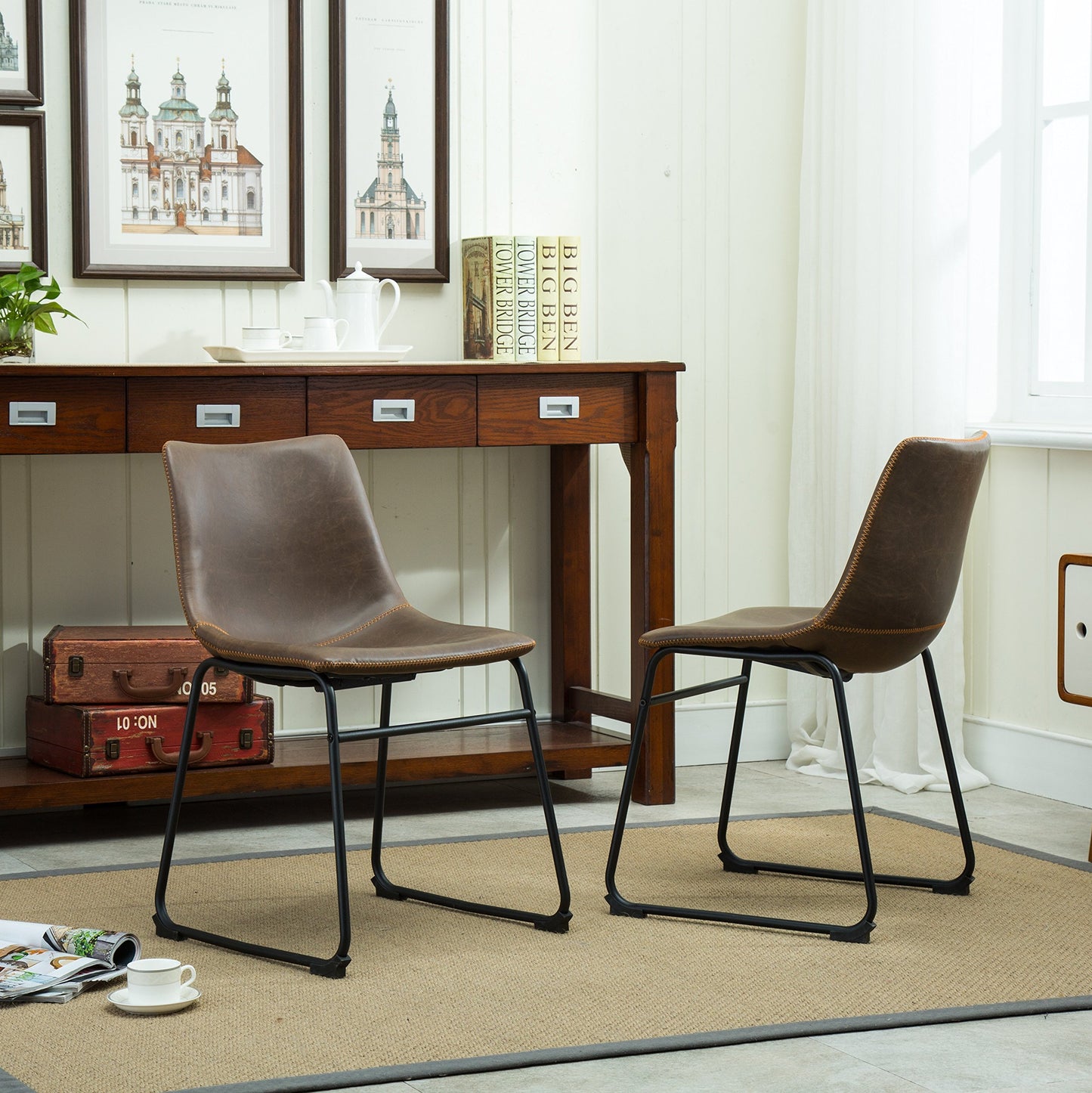 Roundhill Furniture Lotusville Vintage PU Leather Dining Chairs, Set of 2, Antique Brown