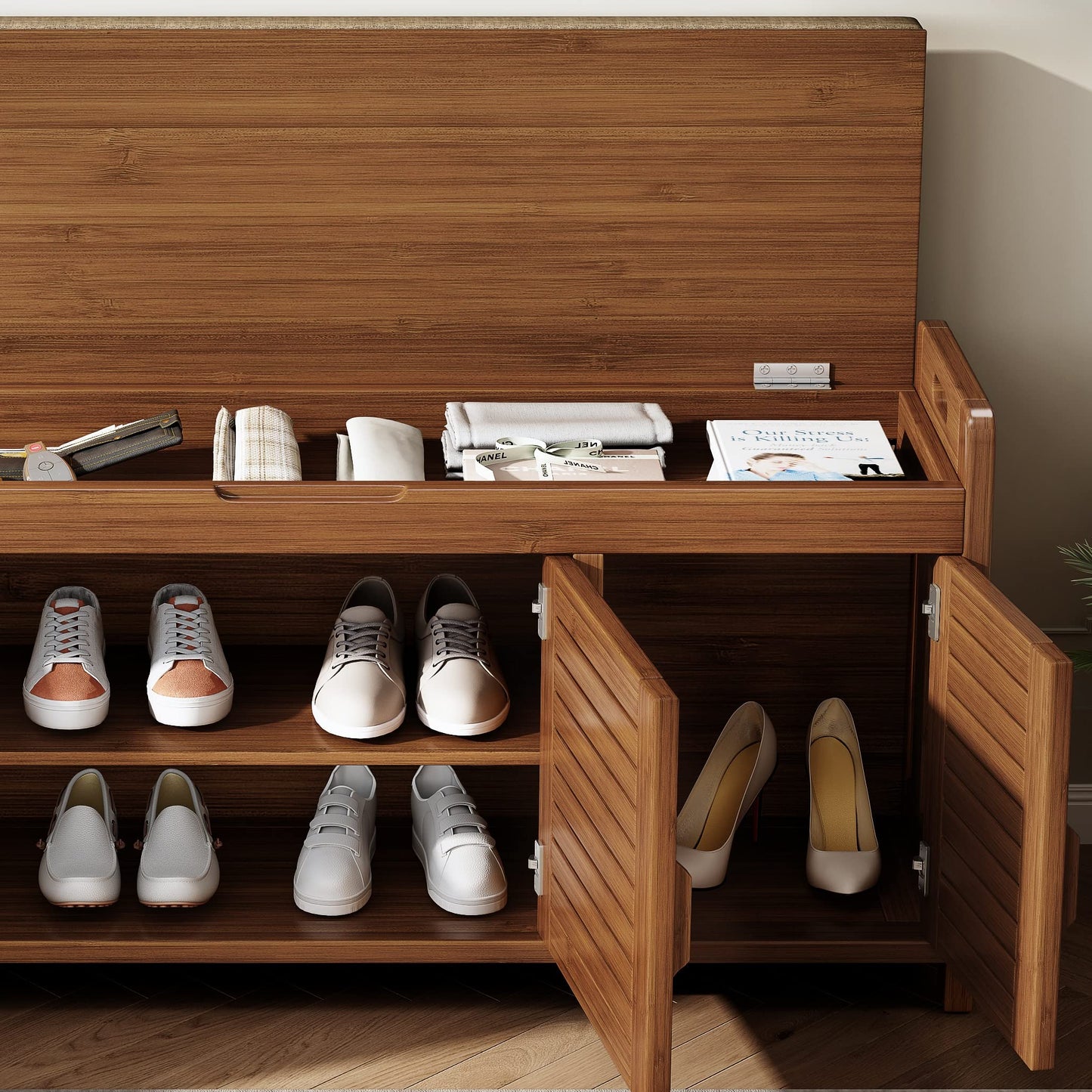 Wilk Shoe Bench with Storage, 2-Tier Shoe Cabinet with Padded Seat Cushion and 3 Darn Doors (38.2’’ (L) x 14.4’’ (W) x 19.7’’ (H))