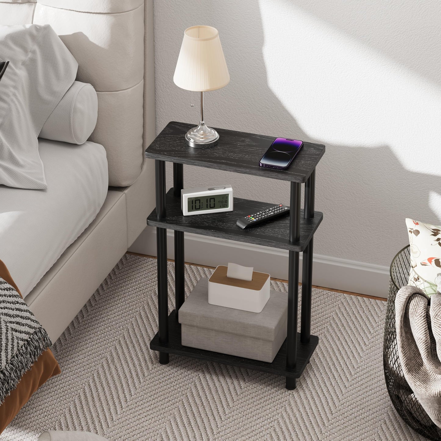 Apicizon Small Narrow Side Table, 3-Tier Skinny End Table with Storage Shelf, Slim Nightstand Bedside Table for Small Spaces, Living Room, Bderoom, Black