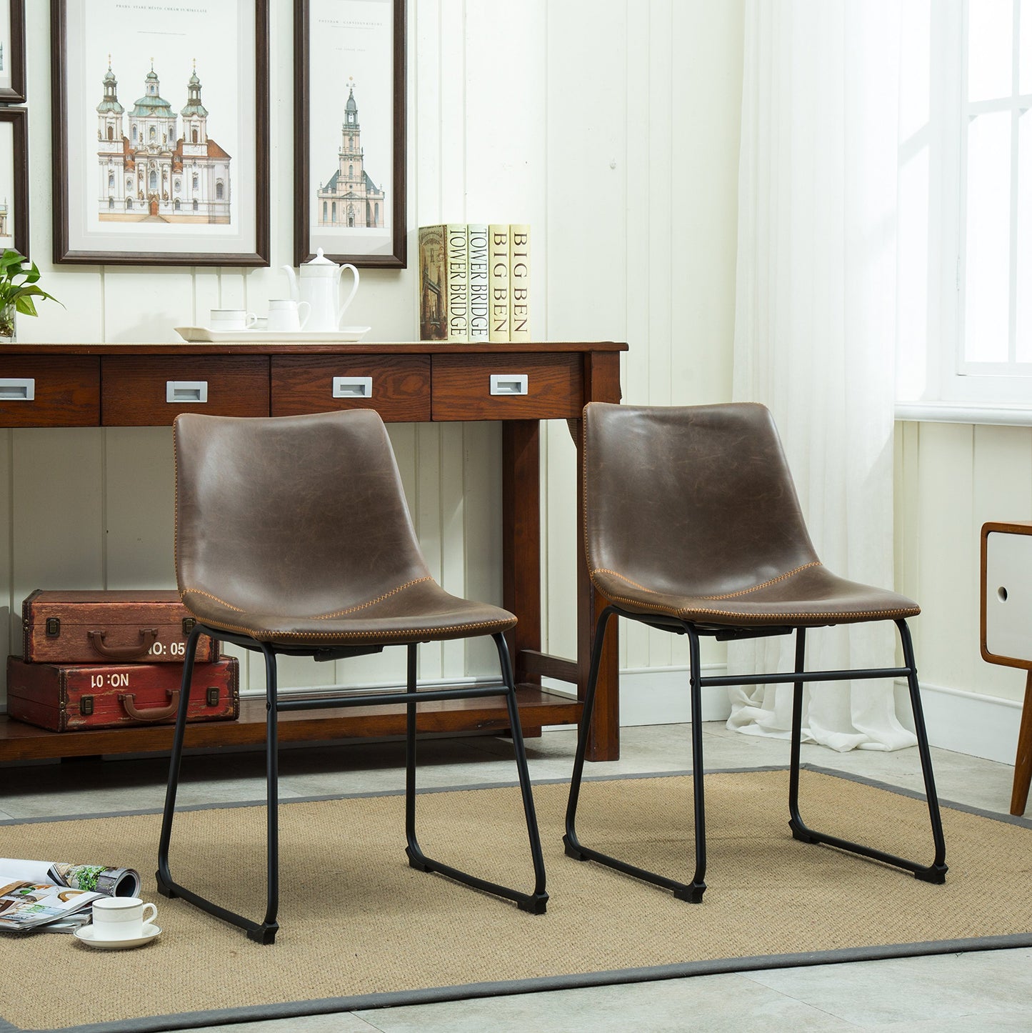 Roundhill Furniture Lotusville Vintage PU Leather Dining Chairs, Set of 2, Antique Brown