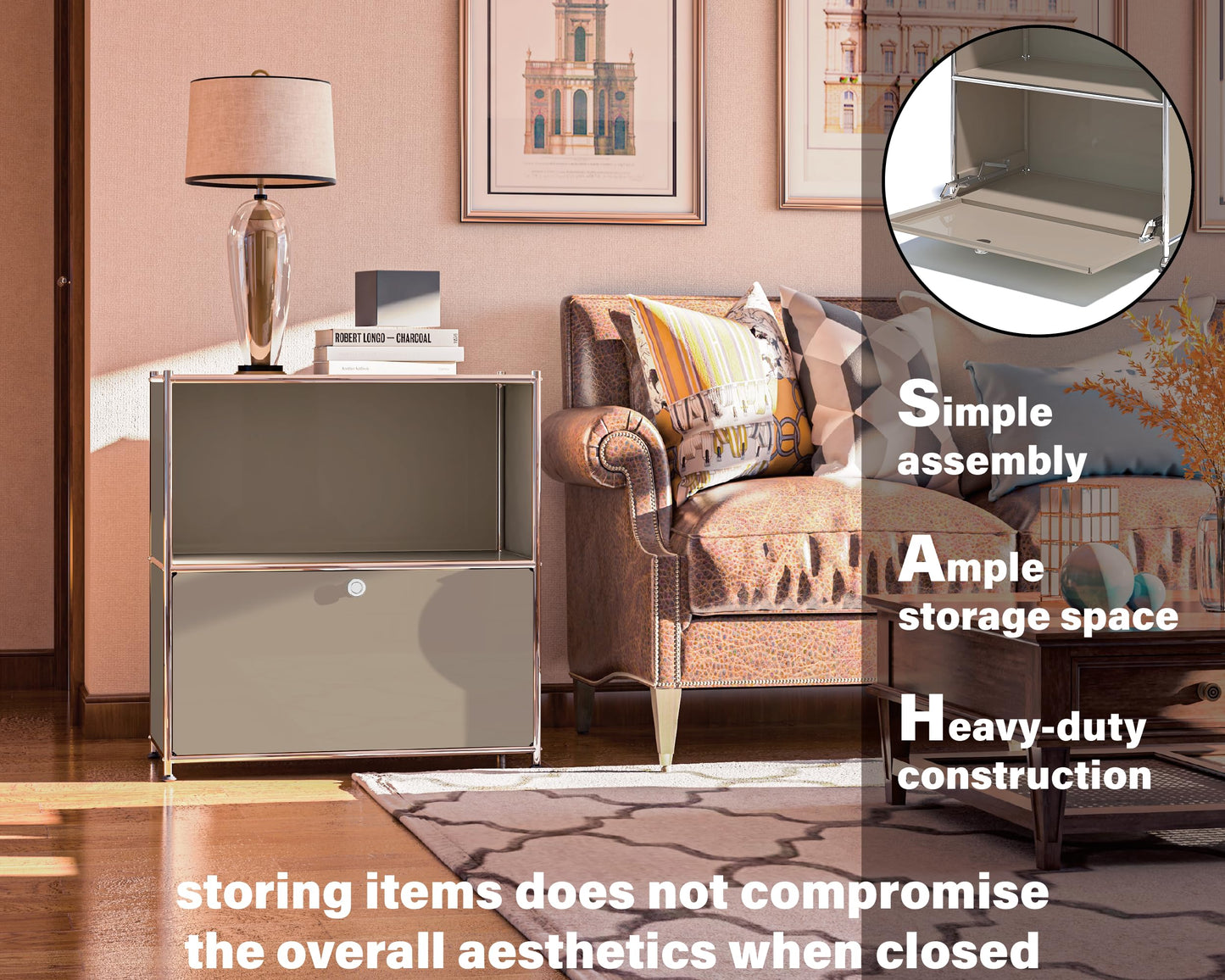 Simplink 32.5-Inch Flip-Top Storage Cabinet with Detachable Wheels, Metal Side Table and Small Sideboard Cabinet for Living Room, Bedroom, Office, Orange