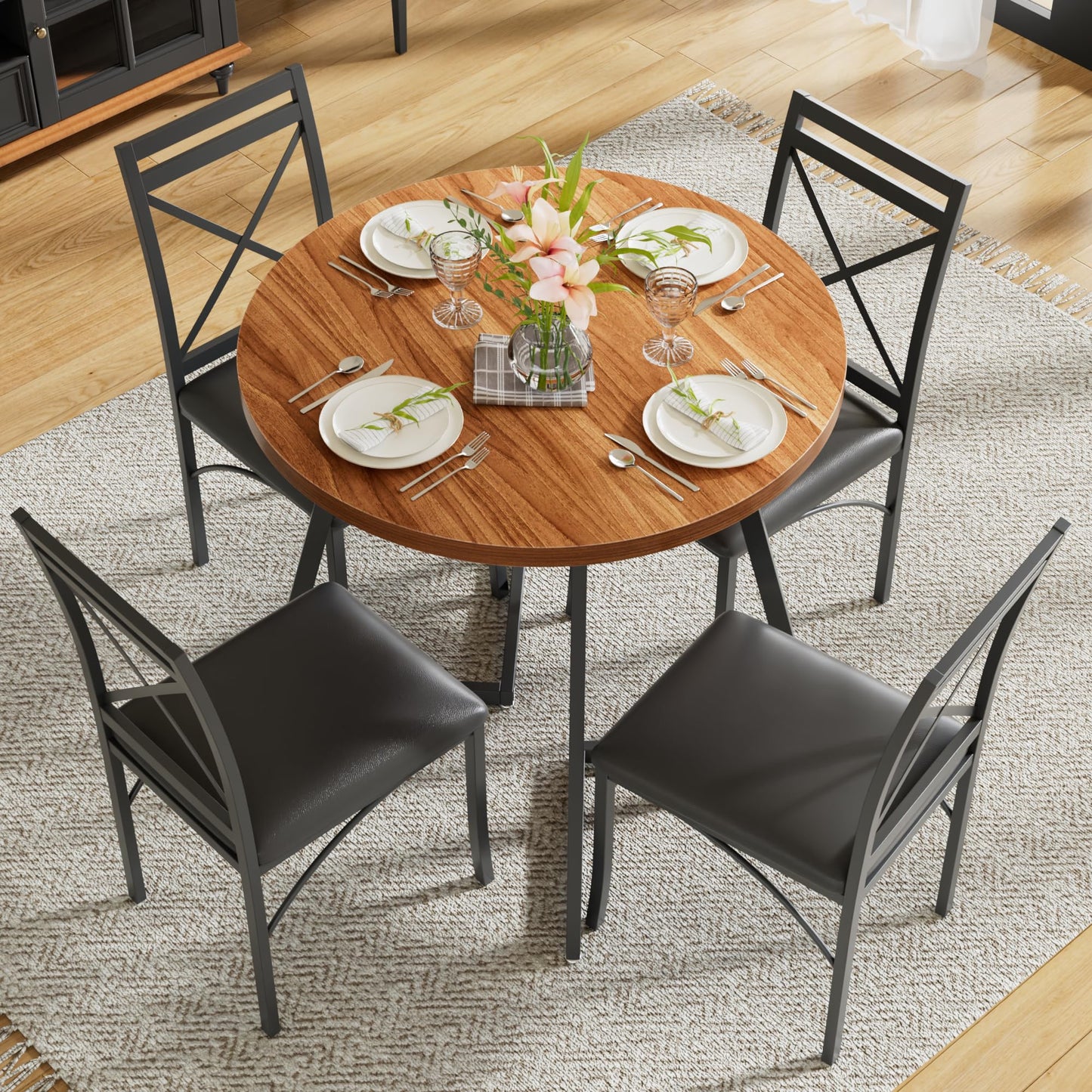 VECELO 35" Round Dining Table for 4, Wood-Grain Tabletop & Heavy-Duty Steel Frame, for Kitchen, Living Room, Easy Assembly, Walnut