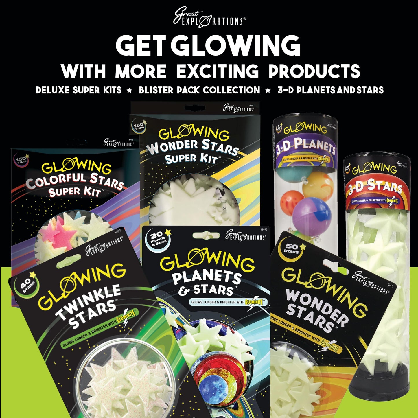 Great Explorations, 3-D Solar System Glow In The Dark Ceiling Hanging Kit 3D Planets and Star Stickers Create the Milky Way Teach Science STEM