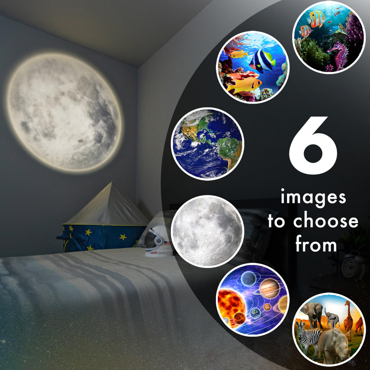 Projectables Six Image LED Plug-In Night Light, Light Sensing, Auto On/Off, Projects Solar System, Earth, Moon, Safari, Aquarium, and Coral Reef on Ceiling, Wall, or Floor 13347