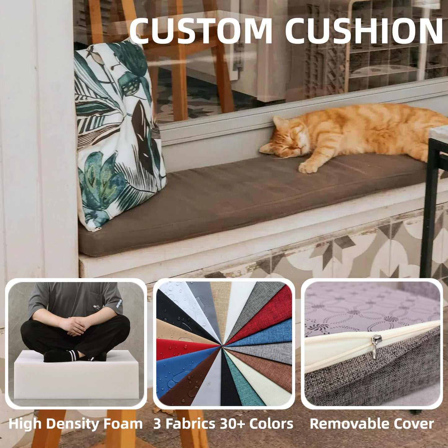 Kiyeocca Custom Size Bench Cushion, Bay Window Seat Cushions, Firm Foam Pad for Patio Furniture/Sofa Couch/Chair, Non-Slip Seating Pad with Washable Removable Cover