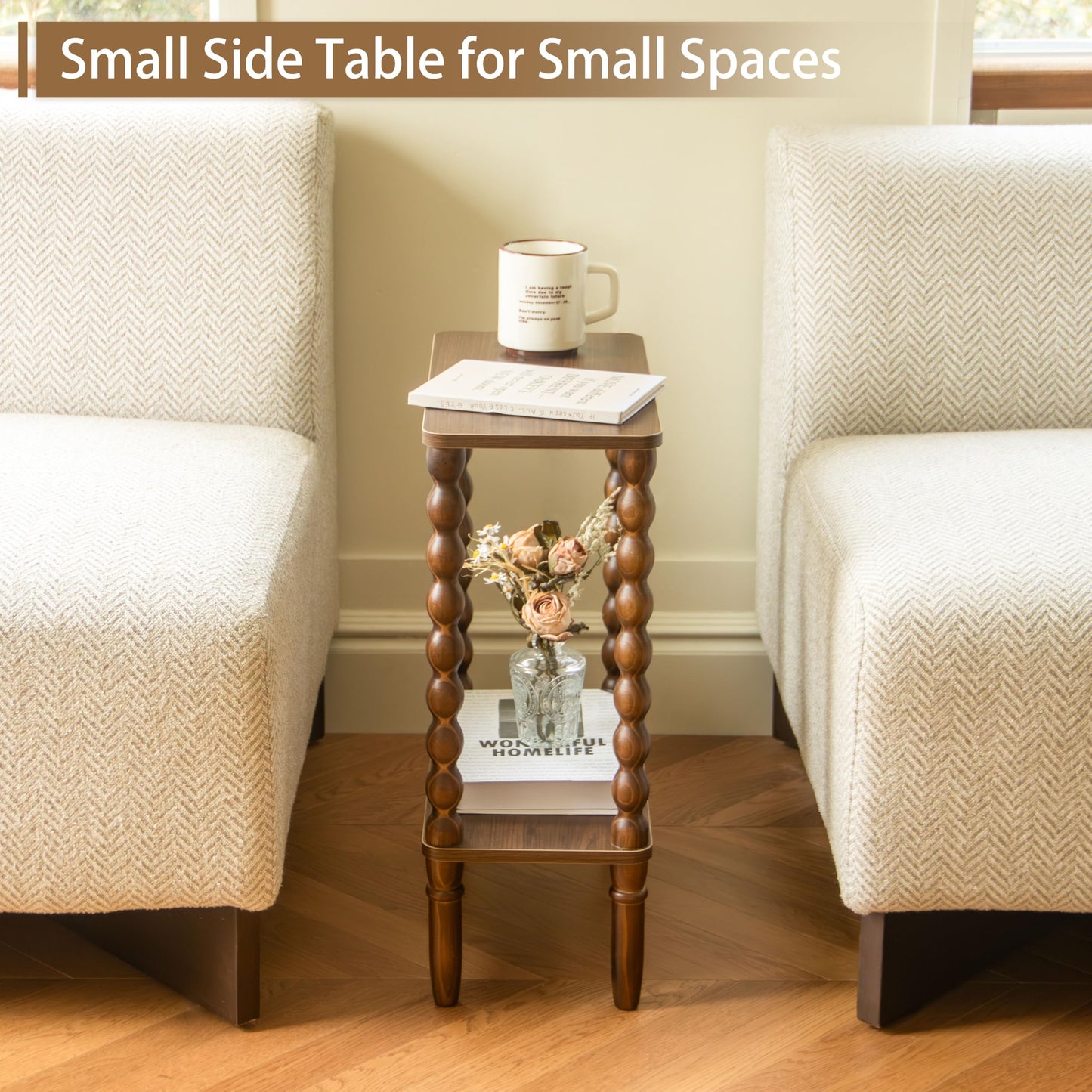 Fultyle Small Narrow Side Table, Skinny End Table Living Room with 2-Tier Storage, Narrow Accent Table Slim Nightstand for Small Spaces, Office, Bedroom (Walnut Brown)