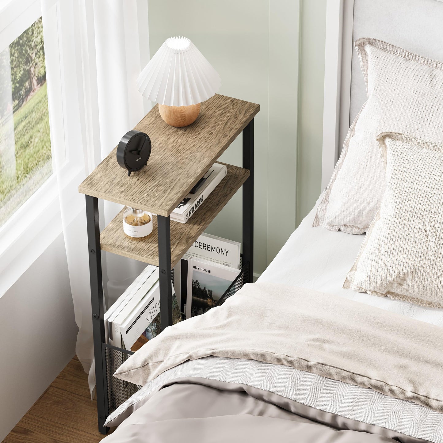 MMEOLUOOK Narrow Side Table with Storage Basket Skinny End Tables for Smalls Spaces 3 Tier Sofa Table Small Nightstand Slim Bedside Table for Living Room Bedroom Greige MLBZ22GR
