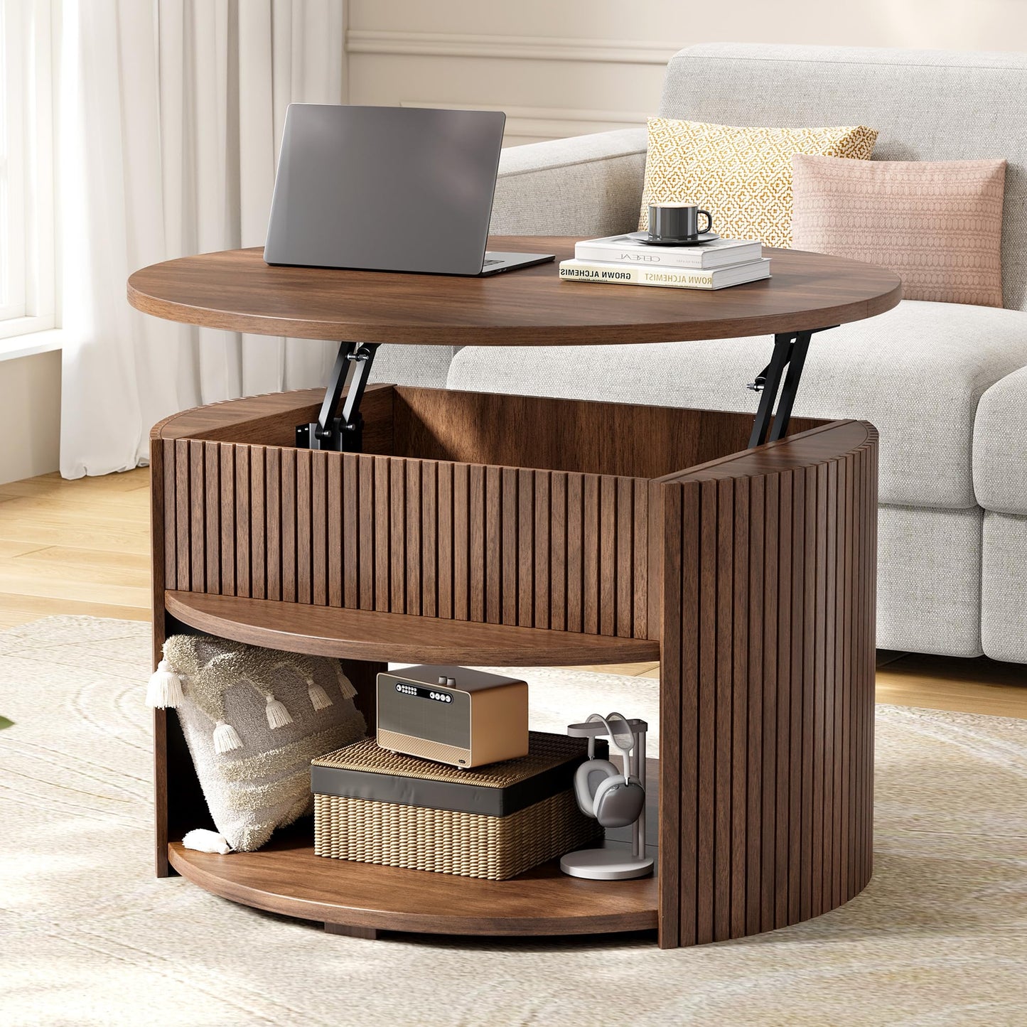 Decofy Round Lift Top Coffee Table with Storage, Fluted Mid-Century Modern Coffee Tables for Living Room, with Hidden Compartment & Open Shelves, for Small Spaces & Home Office(31.5" Walnut)