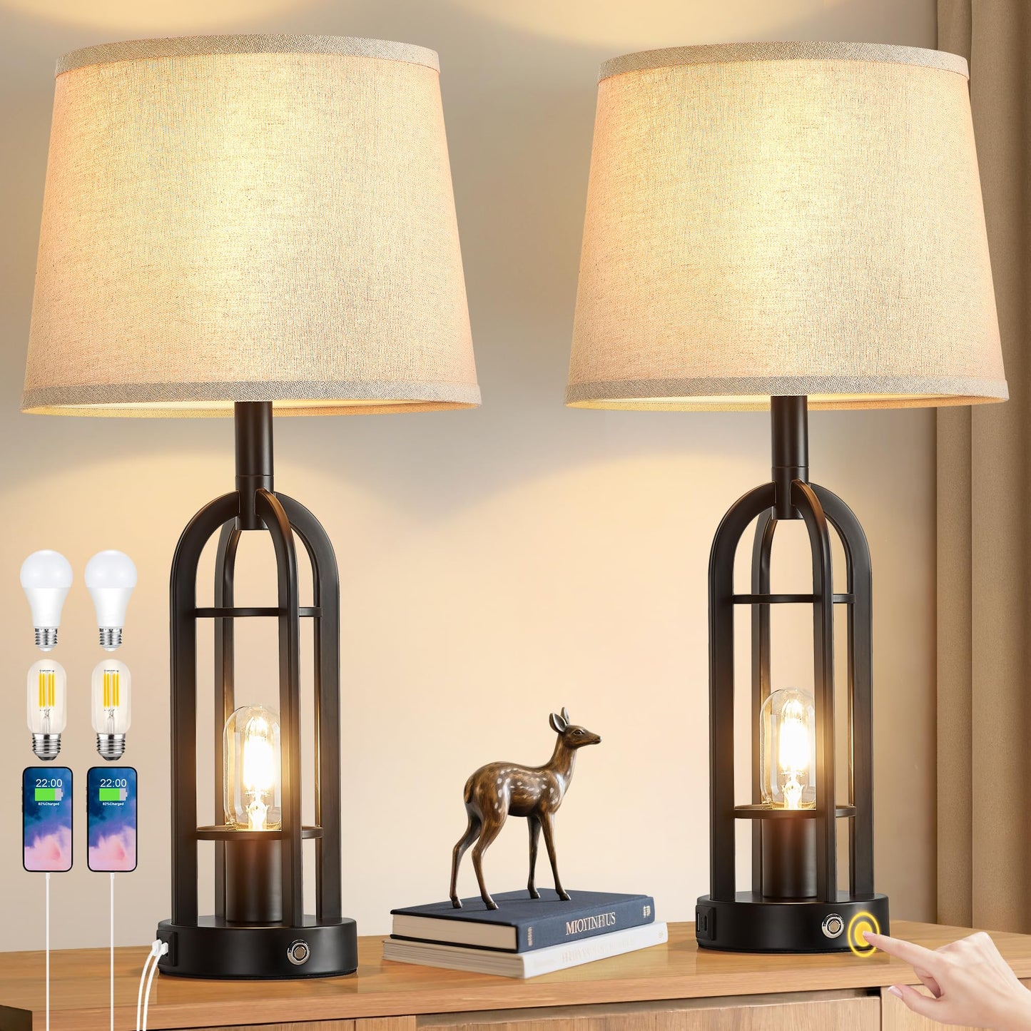 SRJJA 24" Table Lamps for Living Room Set of 2, Farmhouse Industrial 3-Way Dimmable Touch Bedside Lamps with USB A+C for Bedroom Nightstand，4 Bulbs Included