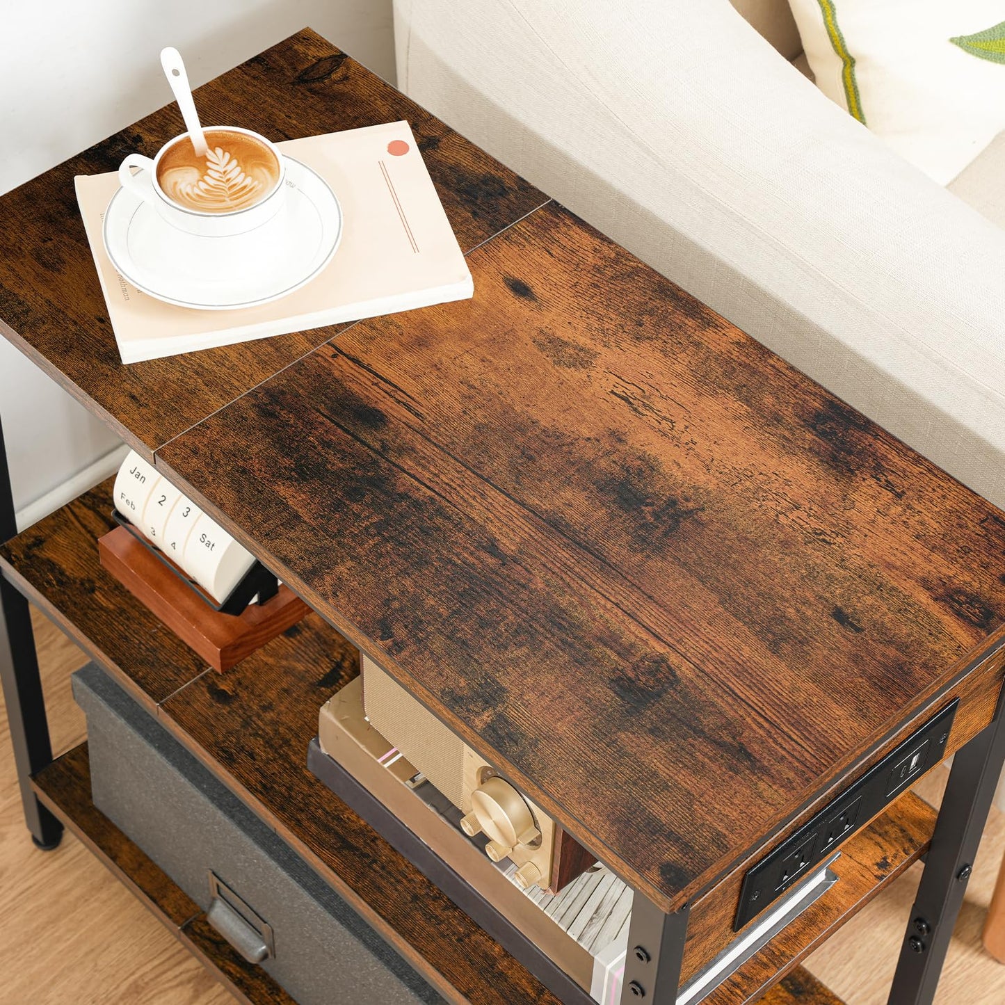 HOOBRO End Table with Charging Station, Side Table with 3 Tier Storage Shelf, Narrow Nightstand for Small Spaces, for Living Room, Bedroom, Easy Assembly, Rustic Brown and Black BF149UBZ01