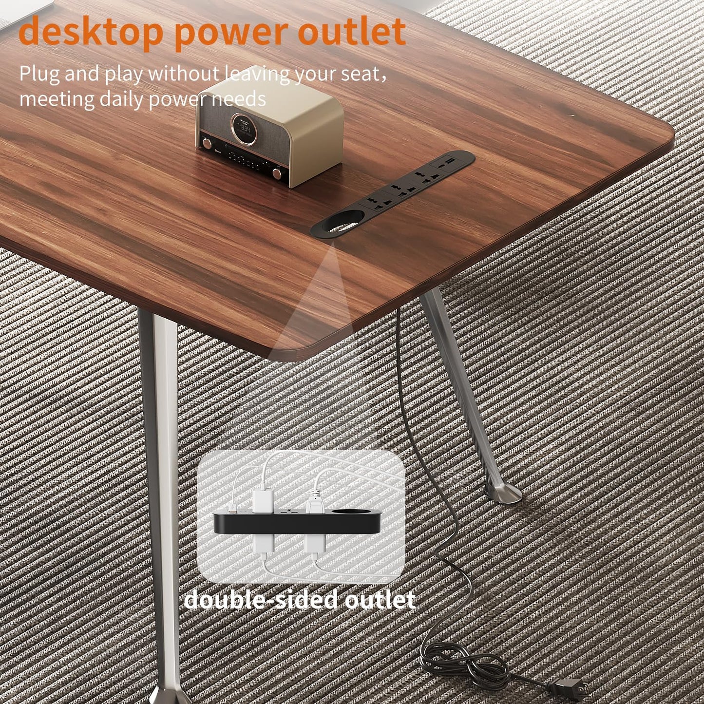 60-Inch Executive Desk, Modern Desk for Home Office, Wooden Study Writing Work Table with Power Outlets and USB-C Port, Large Legroom, Sturdy Metal Frame, Mid-Century Modern Simple, Walnut Brown