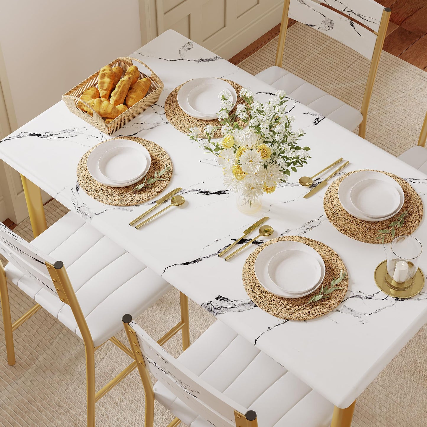 IRONCK Dining Table Set for 4, Wood Kitchen Table with Upholstered Chairs for Kitchen & Dining Room, Compact Dining Set for Small Spaces, White & Gold