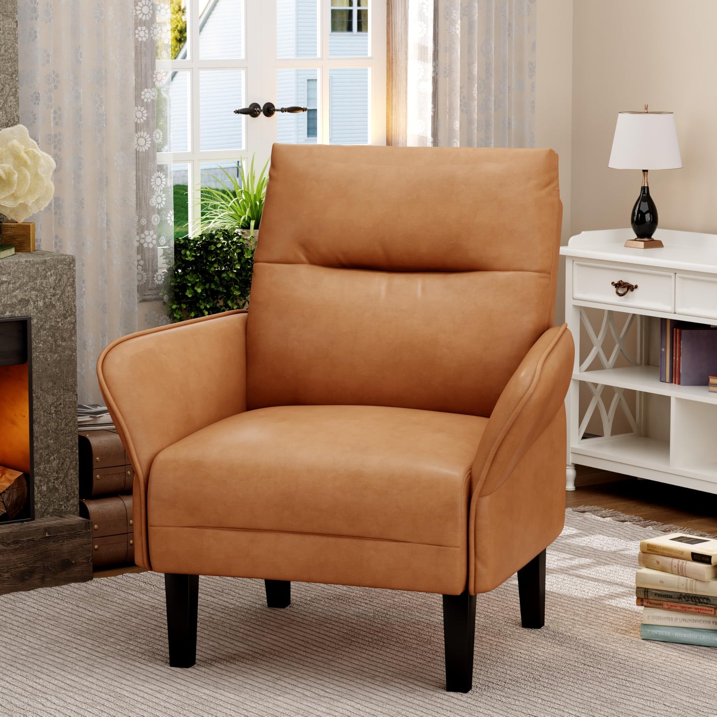 ALISH Mid-Century Accent Chair,Uphsoltered Modern Armchair Side Chairs with Wood Legs,Faux Suede Single Sofa Chair for Living Room, Bedroom (Brown, Set of 1)