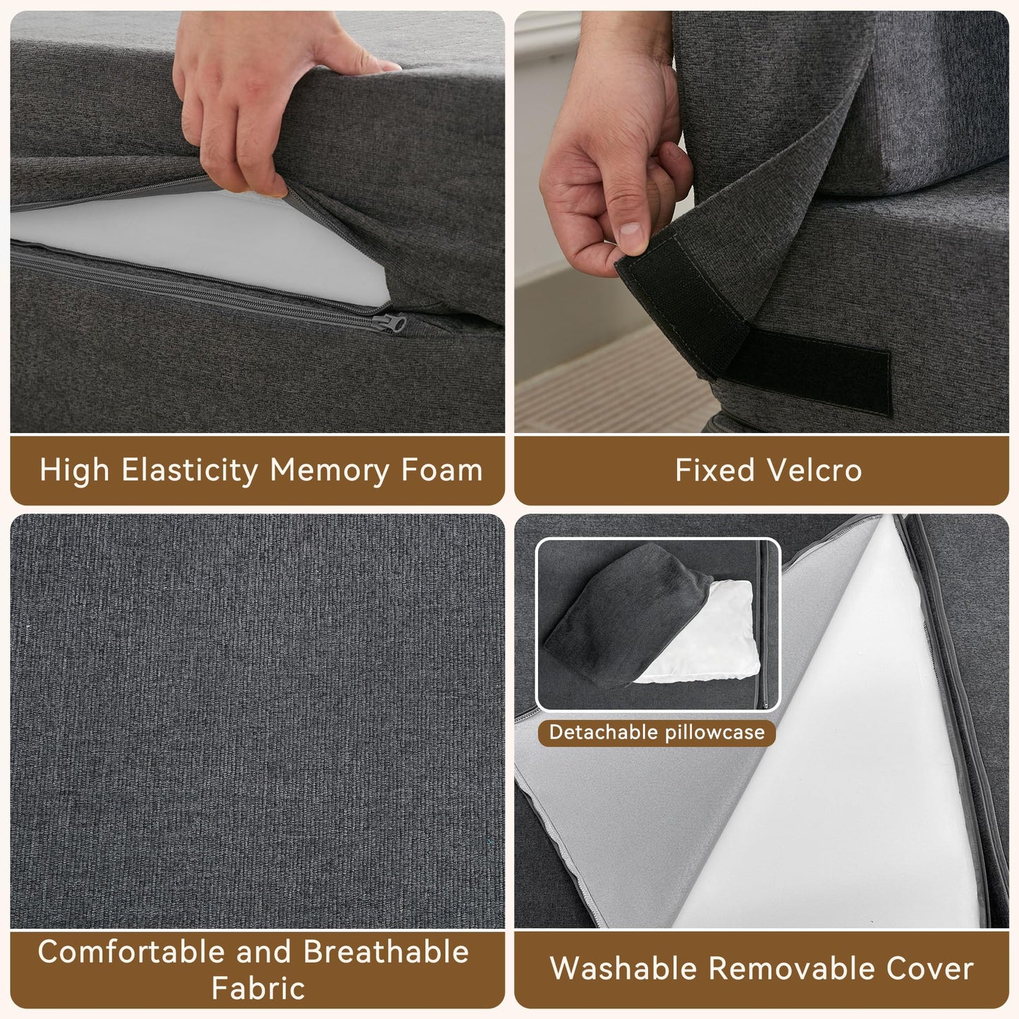 WUTUTUEE Folding Sofa Bed Convertible Floor Couch Foldable Chair Bed with Pillow，Linen Sleeper Chair Futon,Foldable Memory Foam Mattress for Bedroom/Living Room/Dorm/Office (Dark Grey, Single)