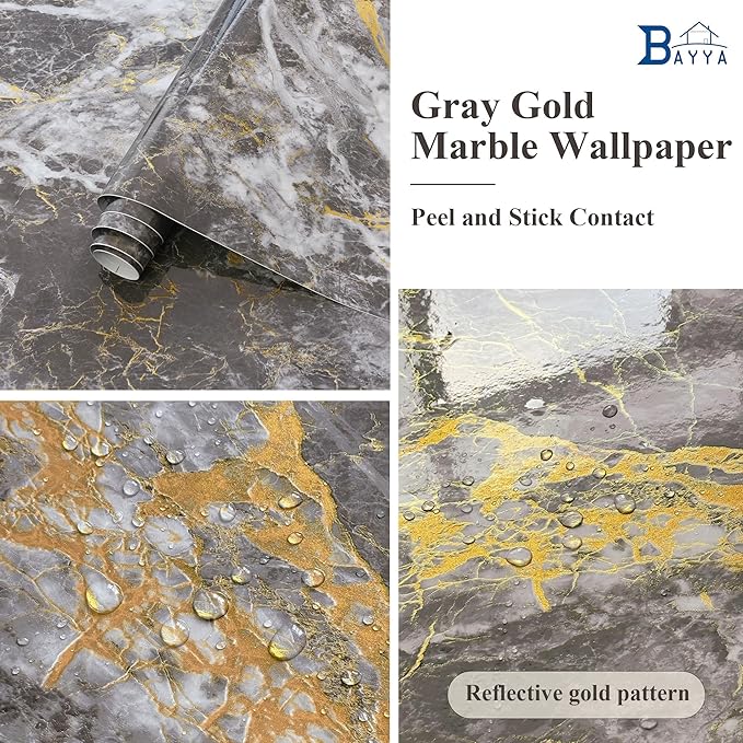 BAYYA 48"x80" Extra Wide Marble Contact Paper Grey/Gold Glossy Marble Wallpaper