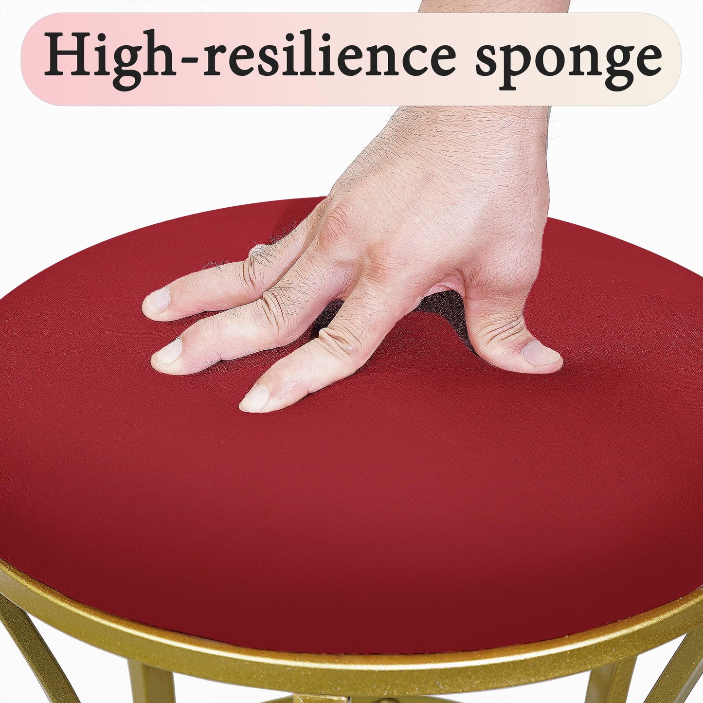 Ellensamqi Velvet Round Vanity Stool,Red Velvet Footrest Ottoman Foot Stool Seat with Golden Metal Legs,Makeup Chair for Bathroom Vanity,Bedroom,Living Room