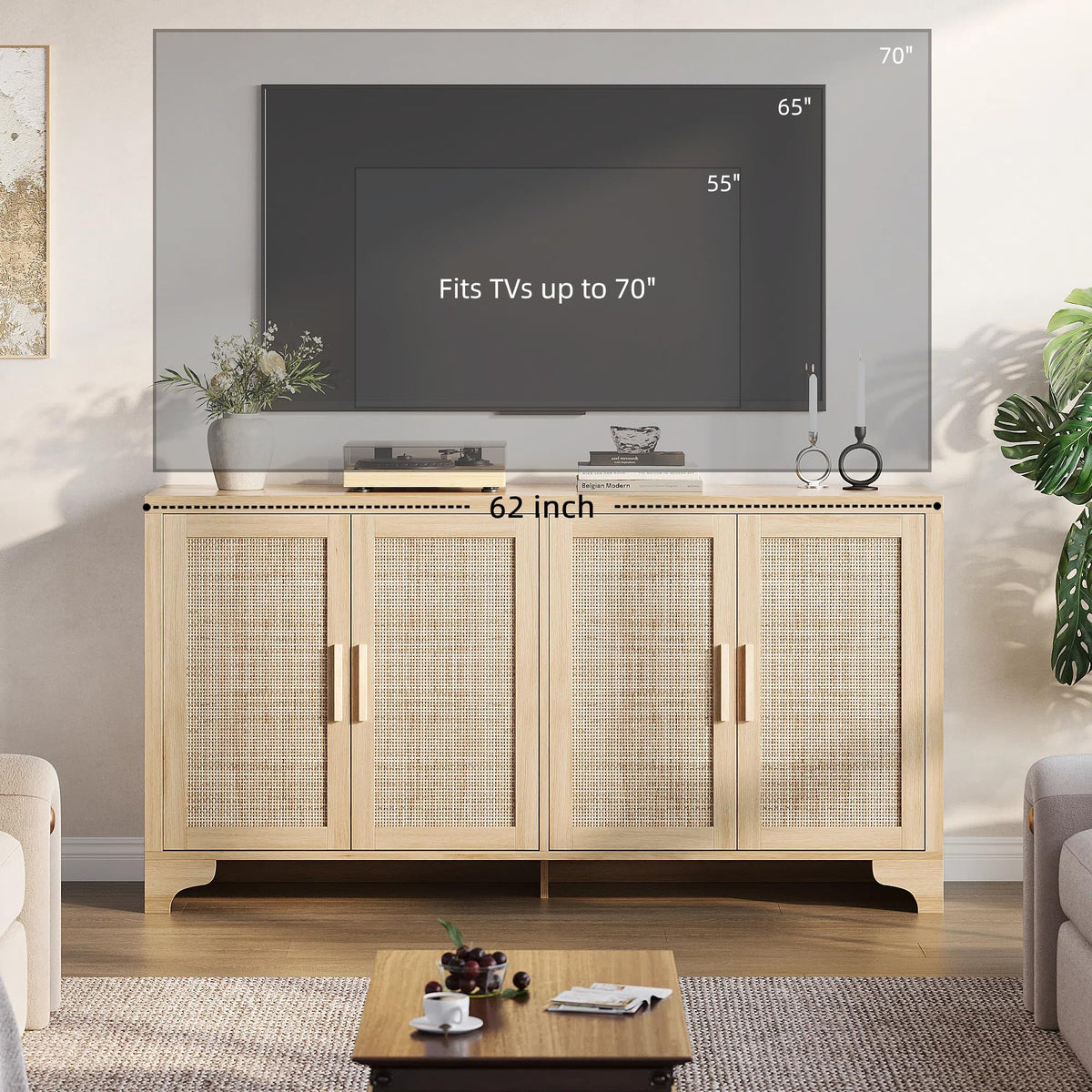 GAOMON TV Stand for TVs Up to 65'', Natural Rattan Entertainment Center with Storage Cabinets, Boho Media Console Table for Living Room, Farmhouse Cabinet, Oak