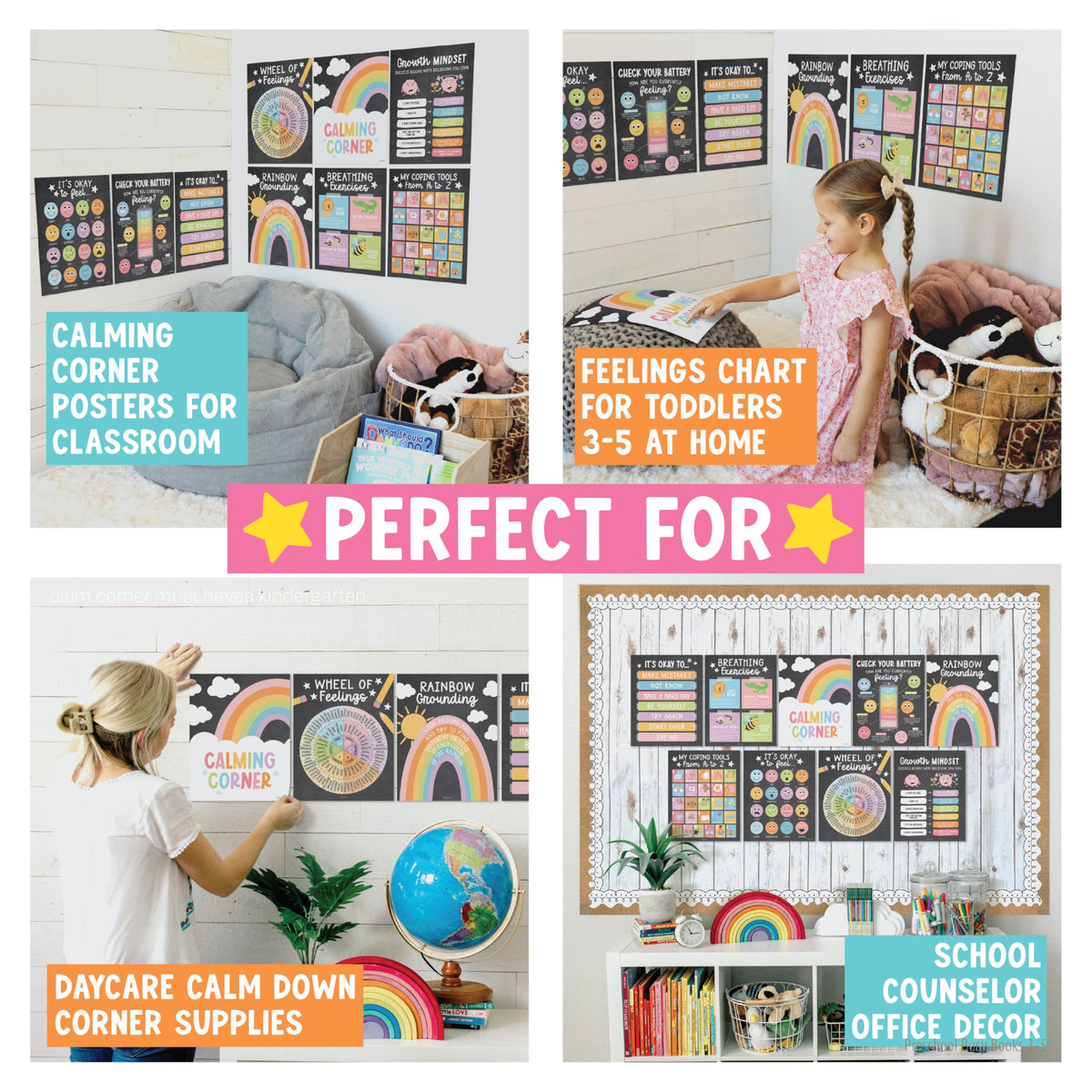 Hadley Designs 9 Calming Corner Posters for Classroom Must Haves - Calm Down Corner Supplies with Emotions Chart, School Counselor Mental Health Poster, Feelings Chart For Kids, Pastel Classroom Decor