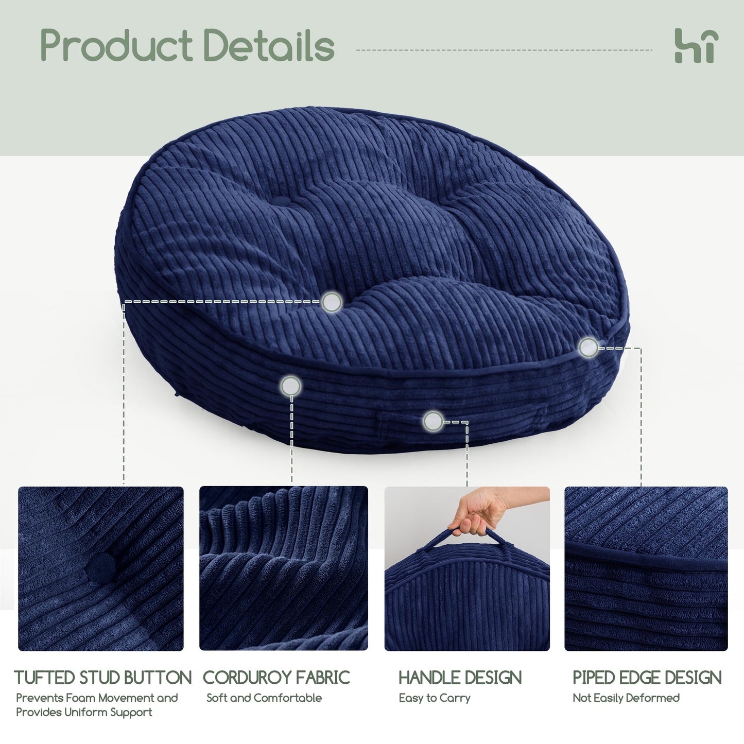 HIGOGOGO Floor Pillow Cushion for Adults, Meditation Cushion Pillow, Large Round Floor Sitting, Tufted Corduroy Cover, for Tatami Living Room or Yoga, 22x22 Inch, Navy