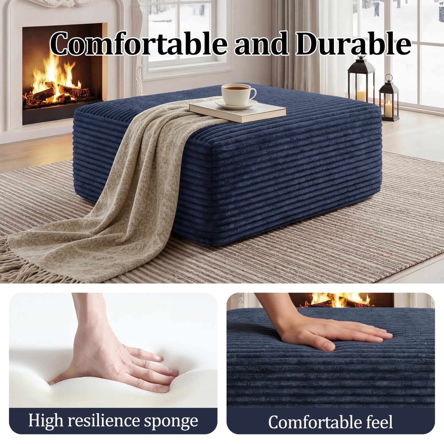 Corduroy Ottoman, Modern Boneless Cloud Foot Rest Foam Support, Oversized Modular Sectional Sofa Stool for Living Room, Bedroom & Small Spaces, No Assembly Required