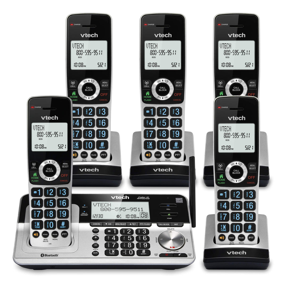 VTech VS113-5 Extended Range 5 Handset Cordless Phone for Home with Call Blocking, Connect to Cell Bluetooth, 2" Backlit Screen, Big Buttons, and Answering System, Silver & Black