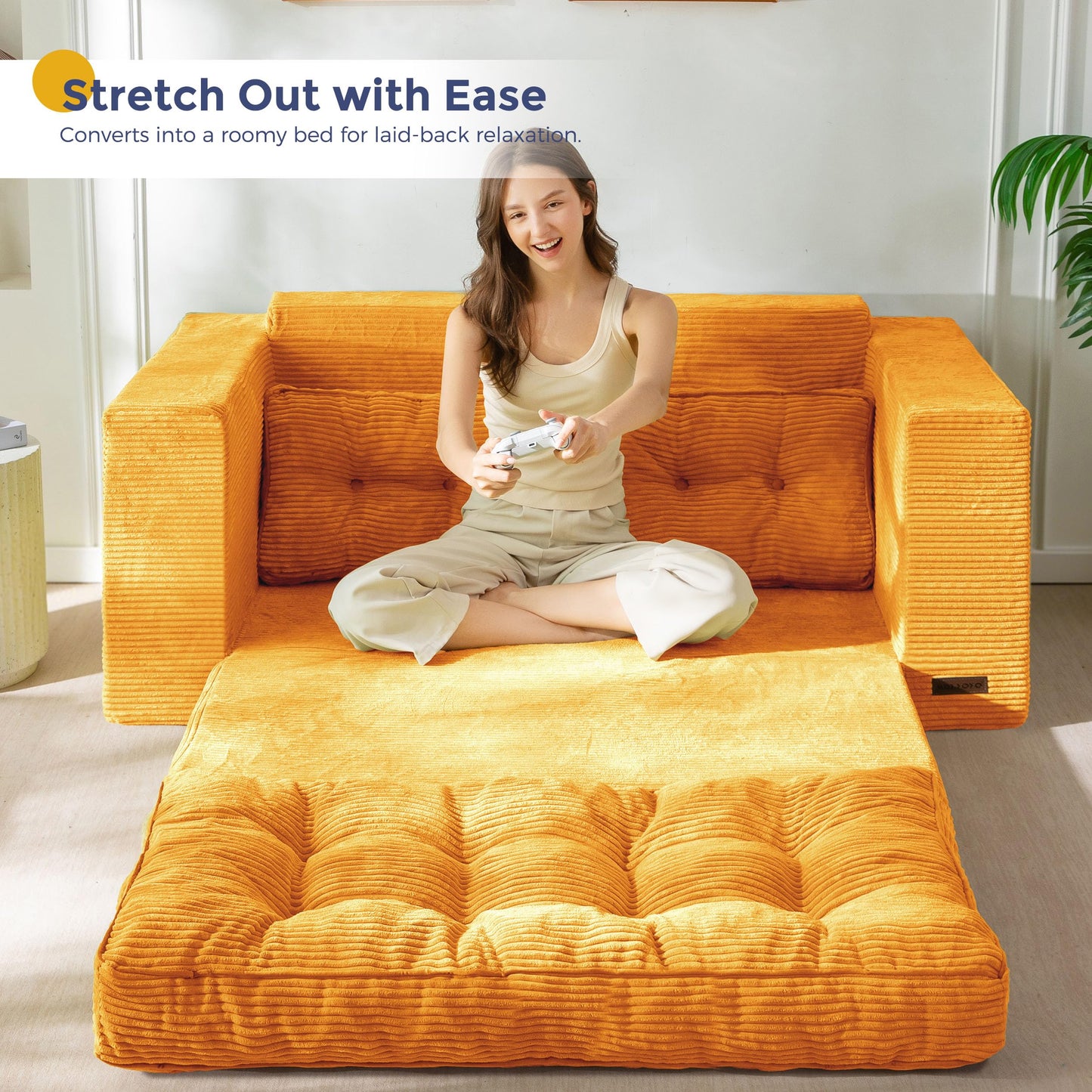 MAXYOYO Convertible Sofa Bed, Pull Out Loveseat Sofa Couch, 2 in 1 Folding Couch Bed, Fold Out Floor Couch with Pillows for Living Room Bedroom Lounge, Orange