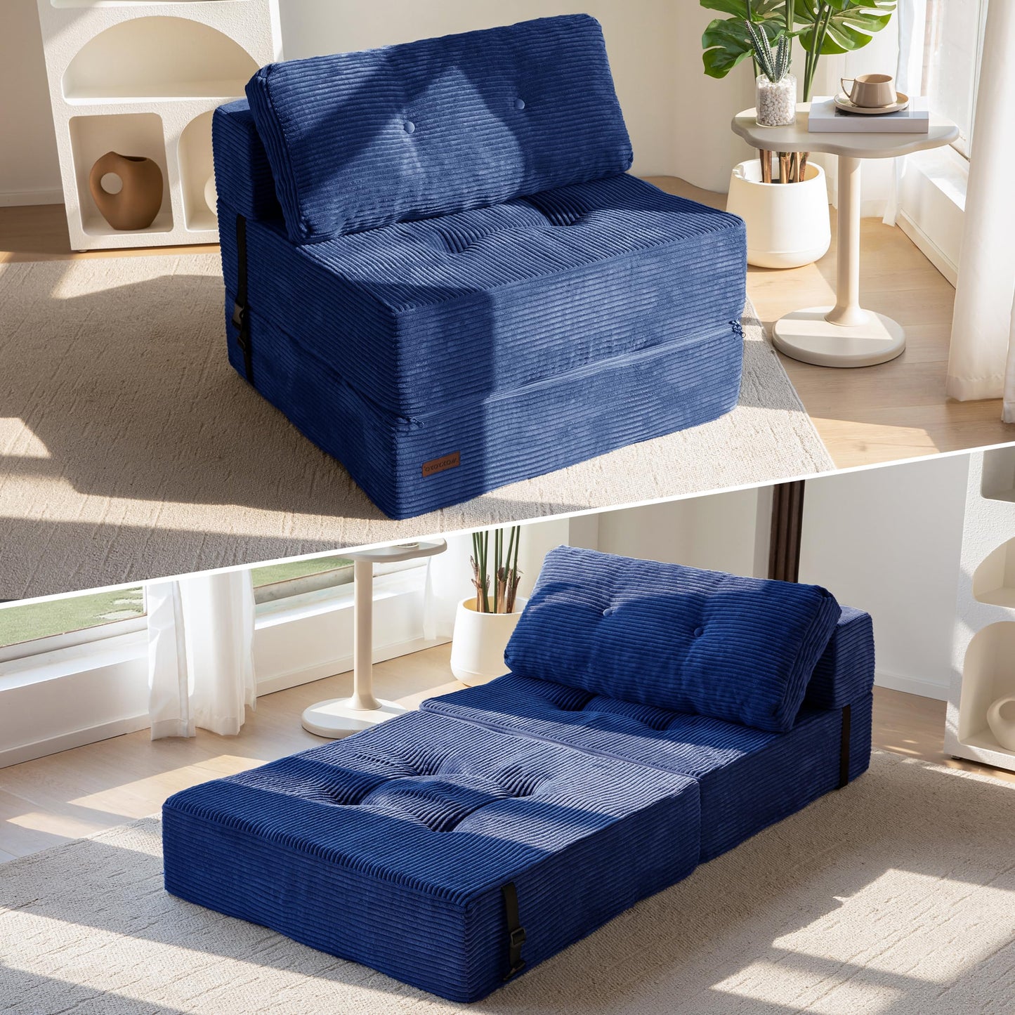 MAXYOYO Folding Sofa Bed, Convertible Chair Bed with High-Density Support Foam, Portable 4 in 1 Fold Out Seating to Floor Lounger, Versatile Floor Sofa Couch for Living Room Bedroom, Navy