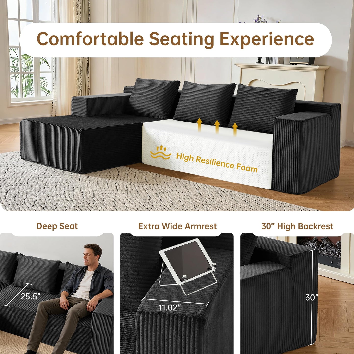 Nigoone 103" Boneless Corduroy Sectional Couch with Left Chaise, Modular L Shaped Couches for Living Room, Large Minimalist Modern Deep Seat Floor Sofa Set, No Assembly