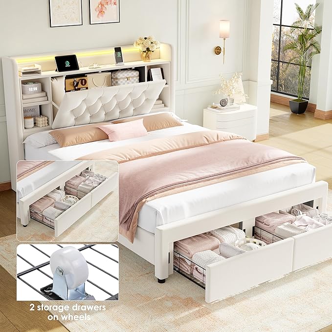 Full Bed Frame with Drawers, Hidden-Cubby & Shelves Storage Headboard with