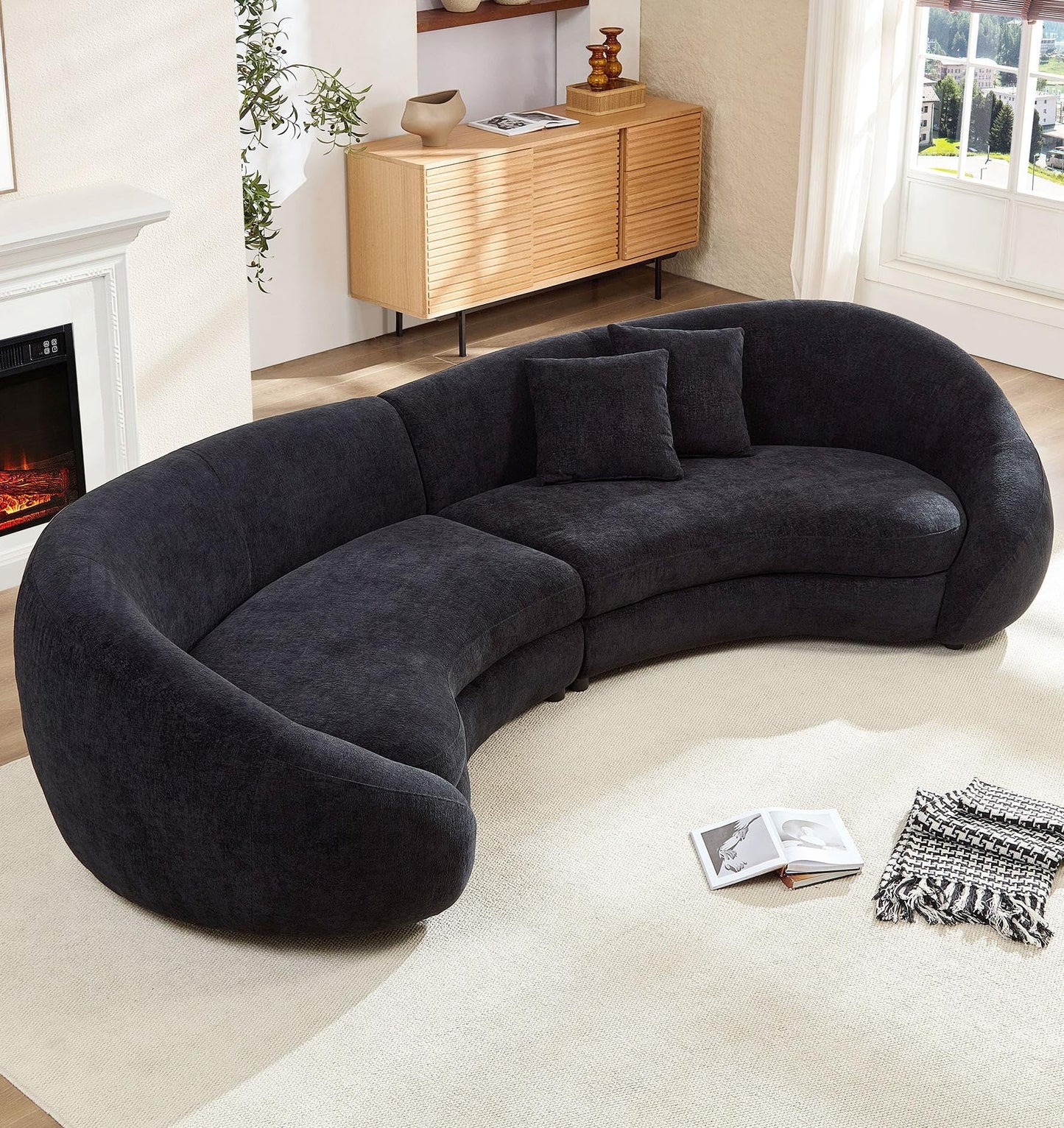 BBTJOINT Modern Curved Sectional Sofa, Contemporary Black Velvet Upholstered Couch, SemiCircular Design loveseat, Living Room Furniture,Half Moon Chaise