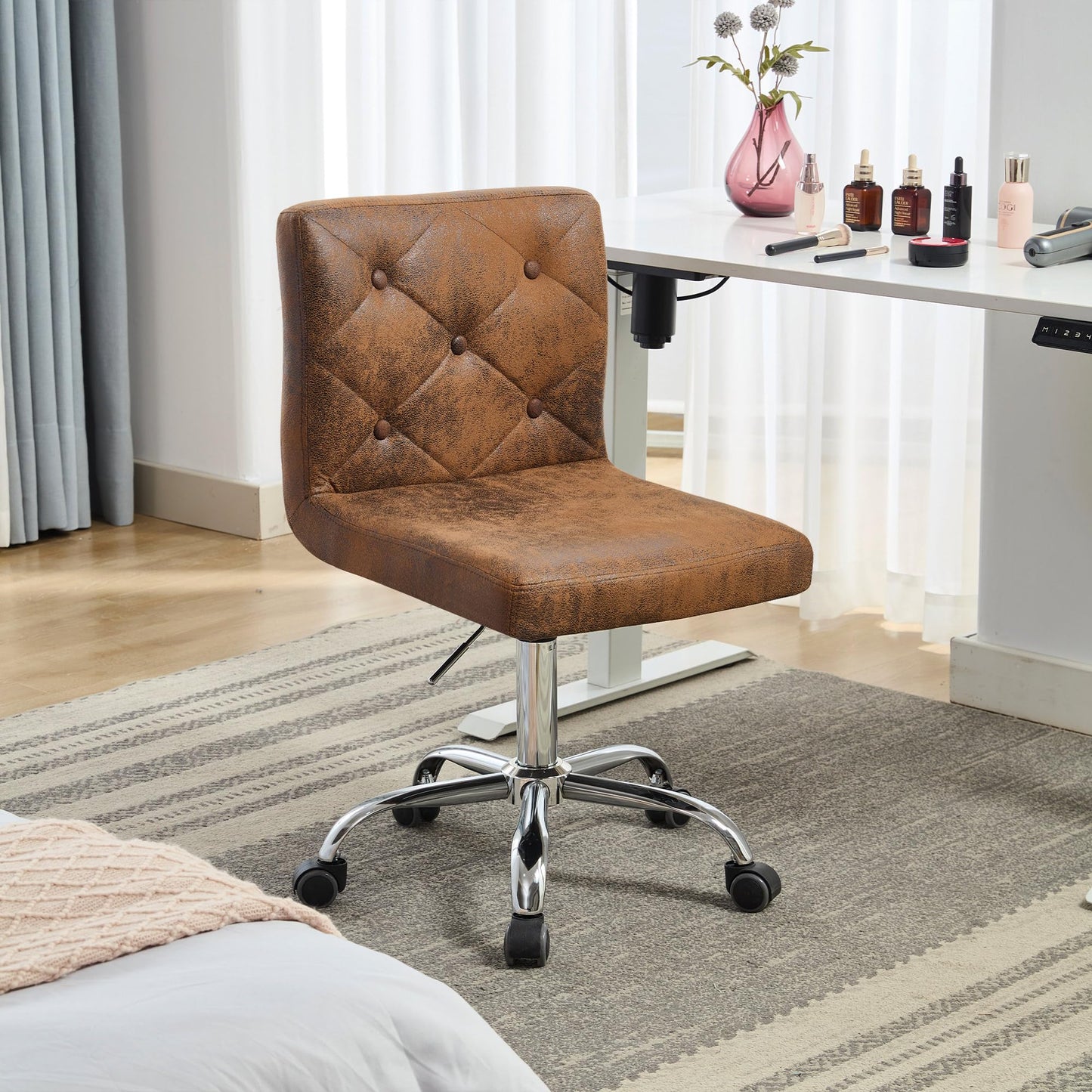 VECELO PU Leather Mid-Back Armless Desk Chair Adjustable Height 360° Rolling Swivel for Home Office Work, Dark Brown