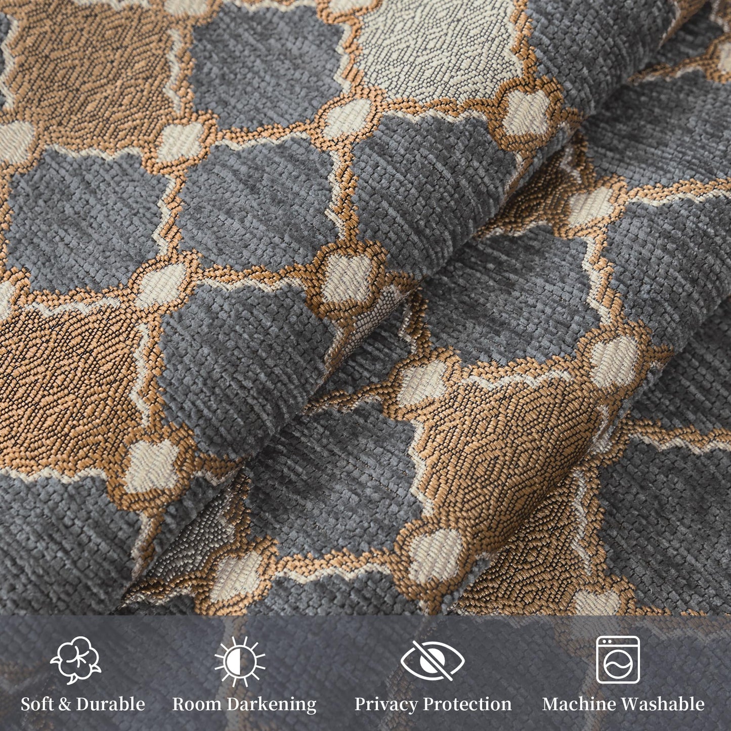 Loom and Mill Elegant Chenille Window Curtain Panels for Bedroom Living Room, Chic Checkered Pattern Jacquard Curtains 84 inches Long with Lining and Matching Tiebacks, Rod Pocket(2 Panels, 52x84)