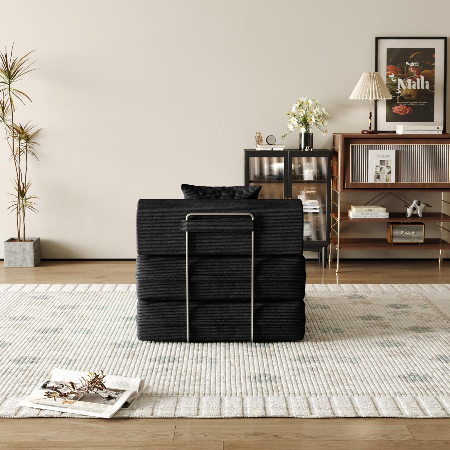 31.5'' Convertible Compressed Corduroy Folding Cloud Sofa Bed, Modern Boneless Pull Out Sleeper Sofa Couch in a Box, 3 in 1 Portable Lazy Floor Lounge Chair, No Assembly Needed, Black, Pillow, Single