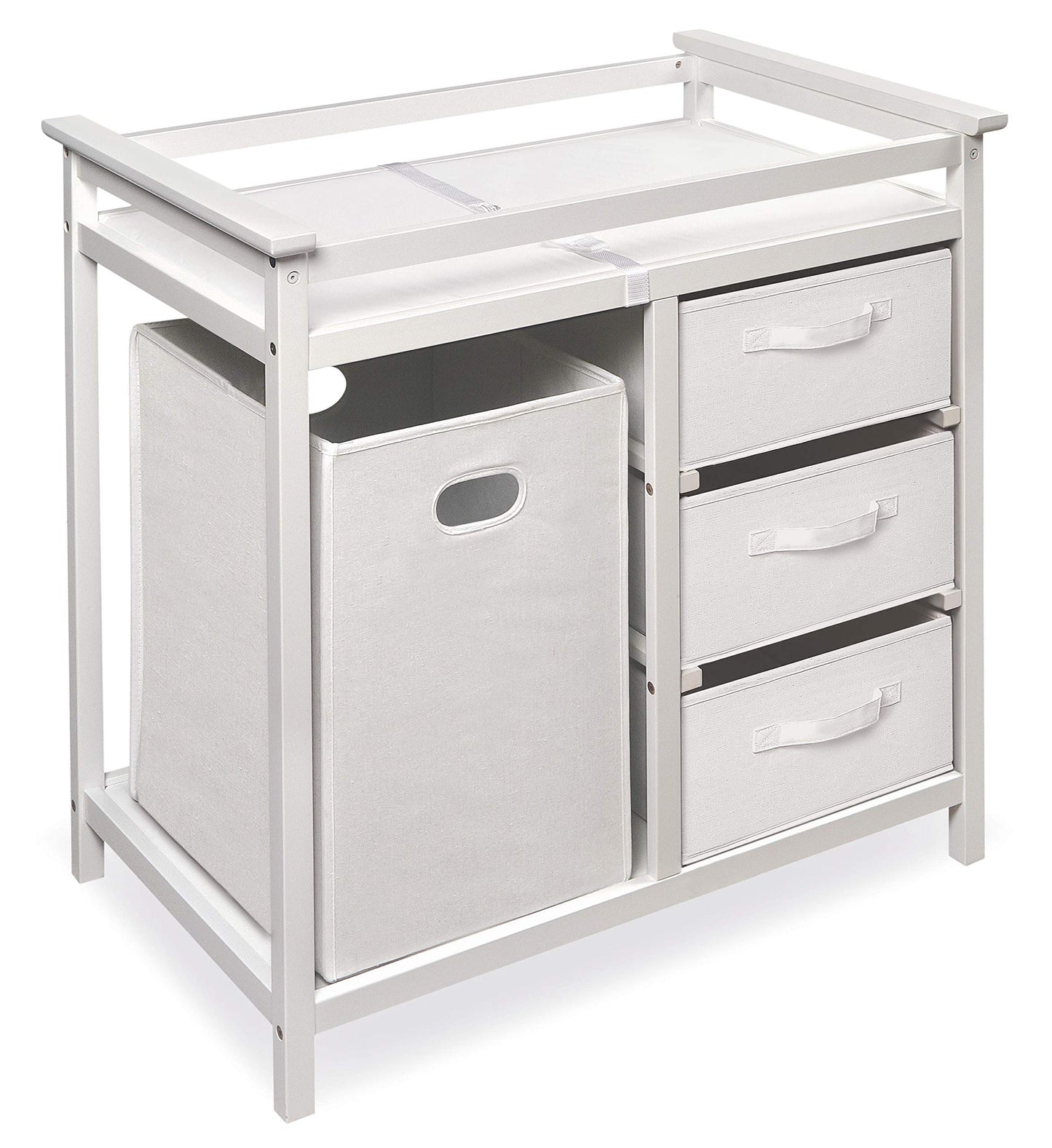 Badger Basket Modern Baby Changing Table - Nursery Furniture with Laundry Hamper and 3 Storage Drawers - Diaper Changing Station with Safety Belt, Changing Pad, and Organizer Baskets - White