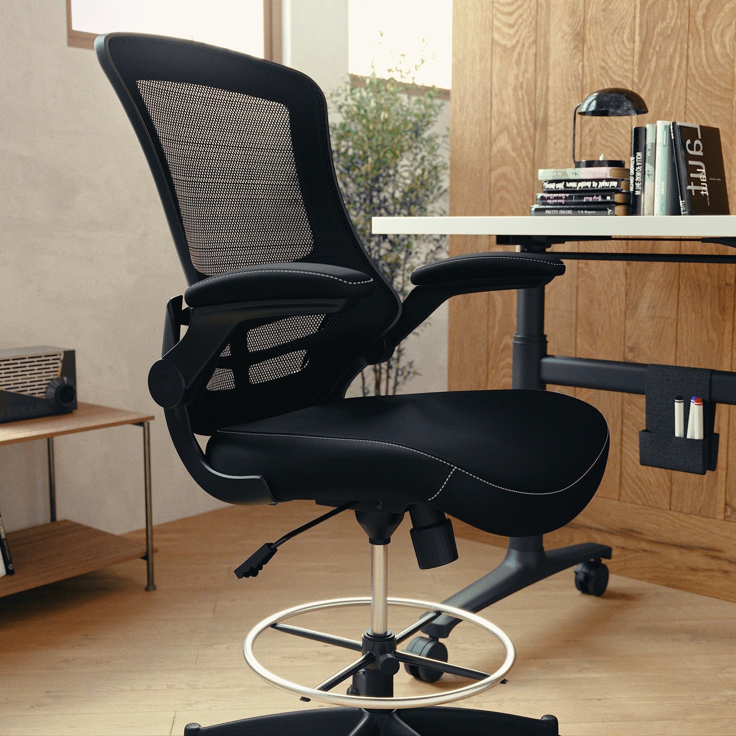Flash Furniture Kelista Mid-Back Swivel Office Chair with Adjustable LeatherSoft Seat Height, Ergonomic Mesh Chair with Flip-Up Arms, Black