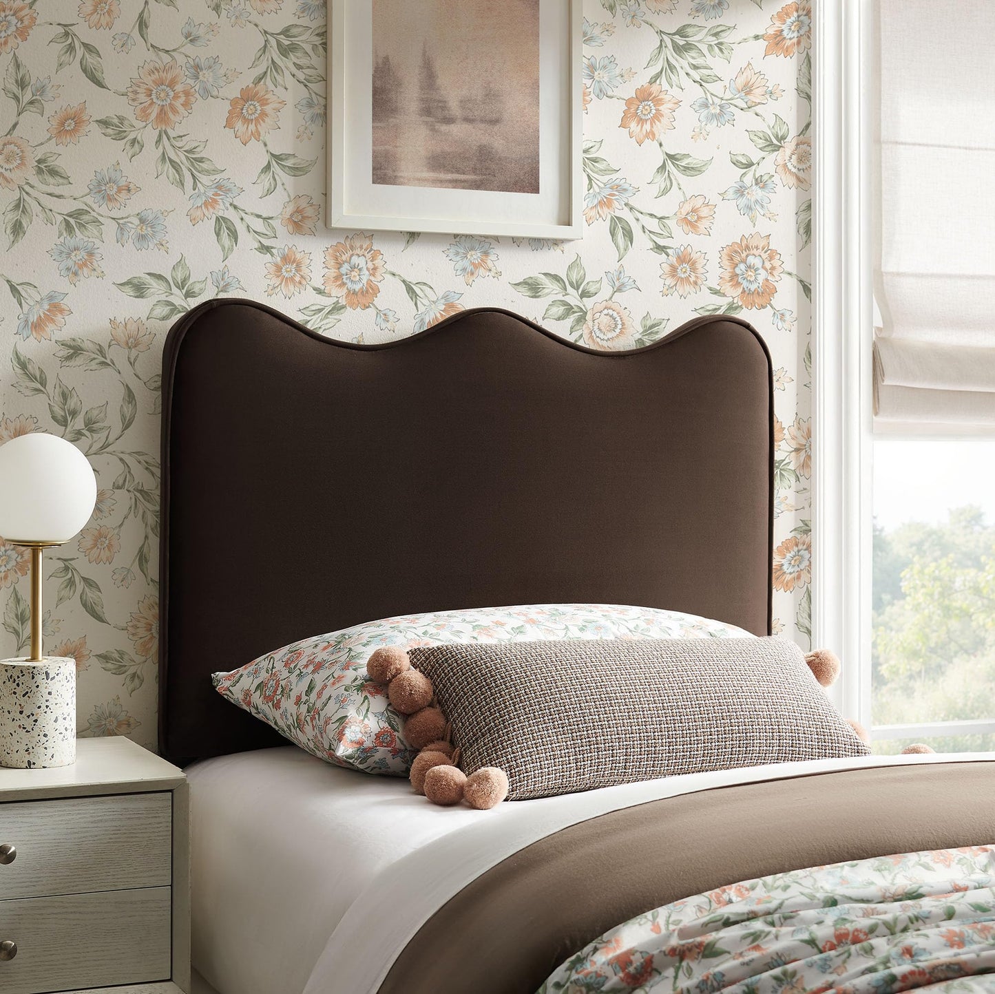 Monday Athena Twin Size Performance Velvet Adjustable Headboard in Chocolate Brown - with Scalloped Wave Design and Stain-Resistant Velvet Upholstery