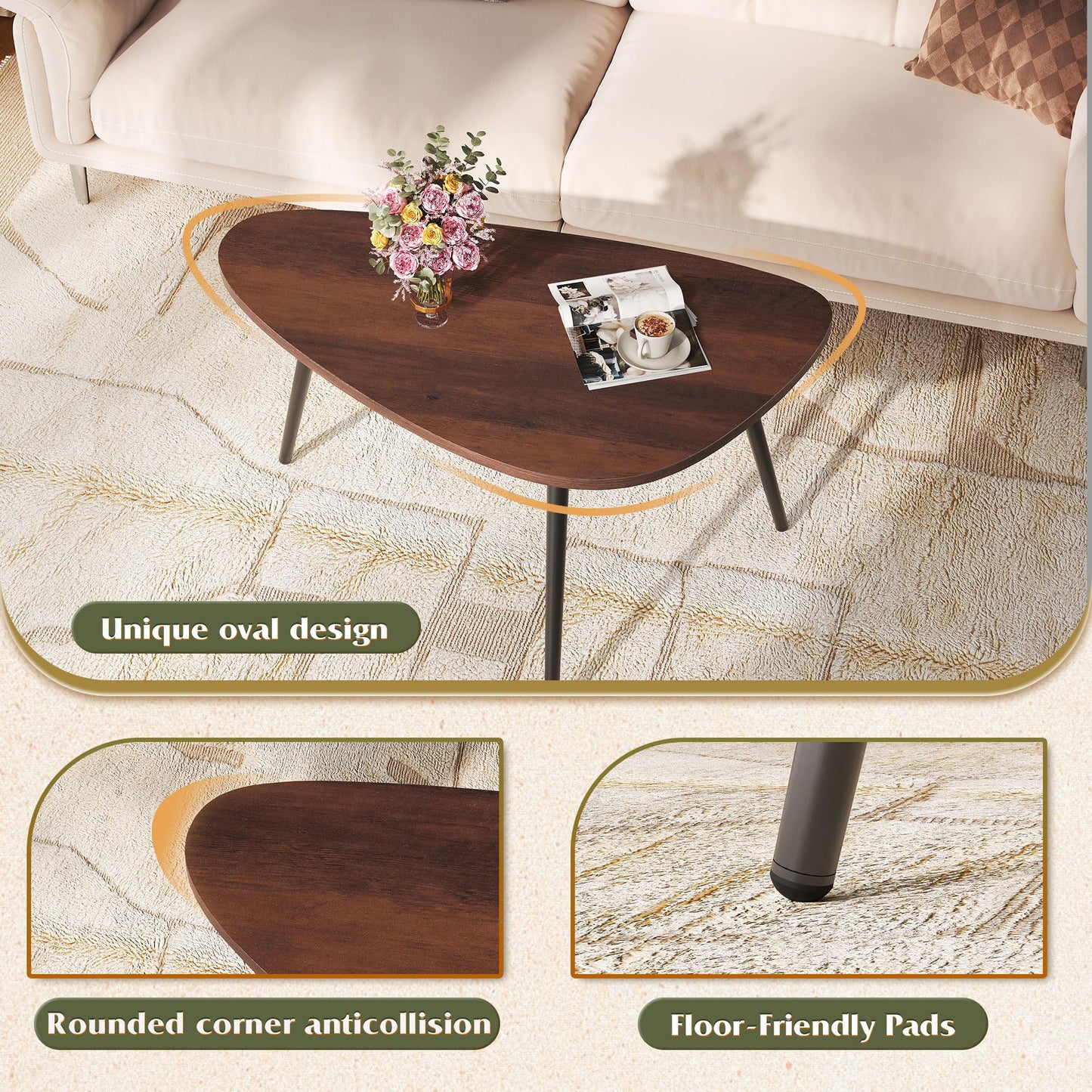 WLIVE Oval Coffee Tables, Modern Coffee Table for Living Room, Coffe Table for Small Space Home Office, Easy Assembly, 33.5" W x 18.9" D x 18.7" H, Espresso