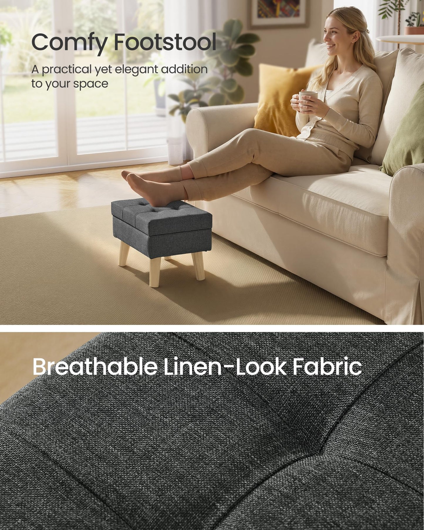 SONGMICS Storage Ottoman, Foot Stool, Ottoman with Padded Seat, Foot Rest with Wood Legs, Small Table, for Hallway, Living Room, 11.8 x 15.7 x 11.4 Inches, Linen-Look Fabric, Slate Gray ULOM517GN01