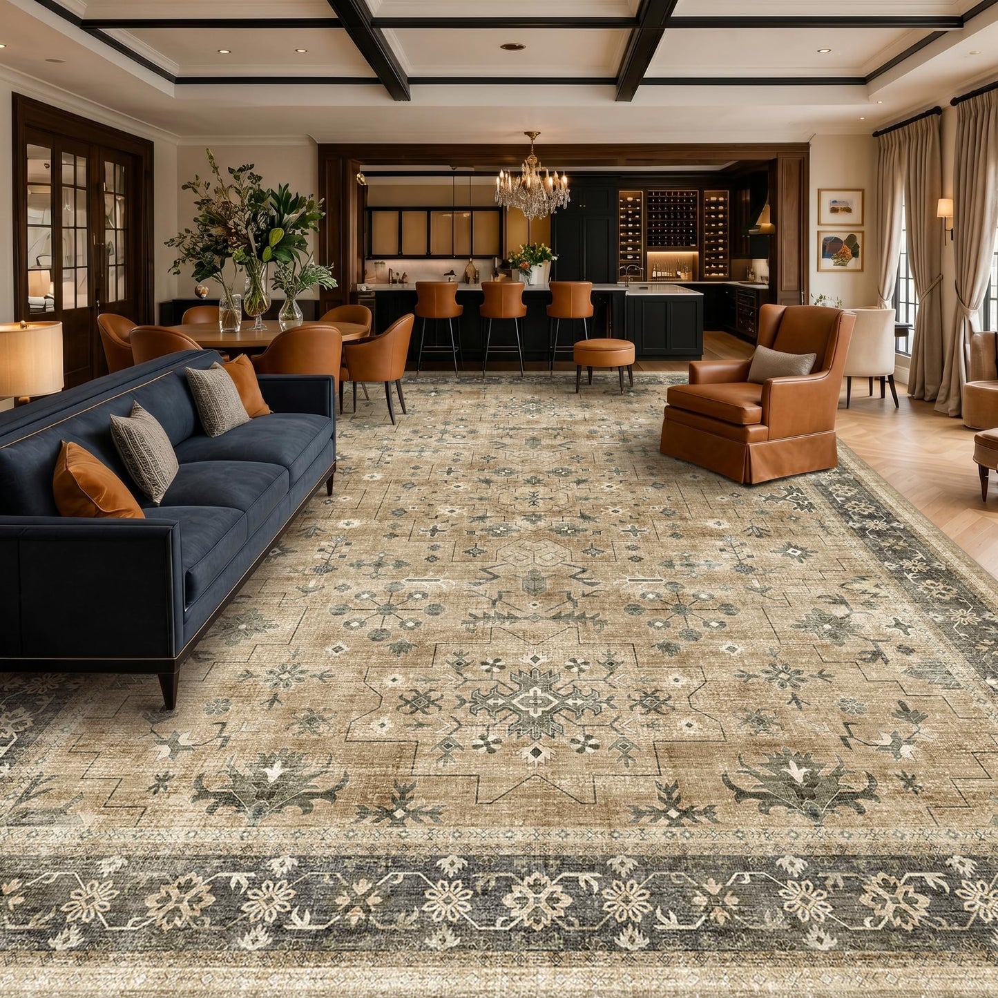 Warm Taupe Sage 9x12 Living Room Rug - Vintage Extra Large Area Rugs for Dining Room Under Table, Washable Low Pile Carpet for Bedroom Under the Bed, Non-Slip Stain & Fade Resistant