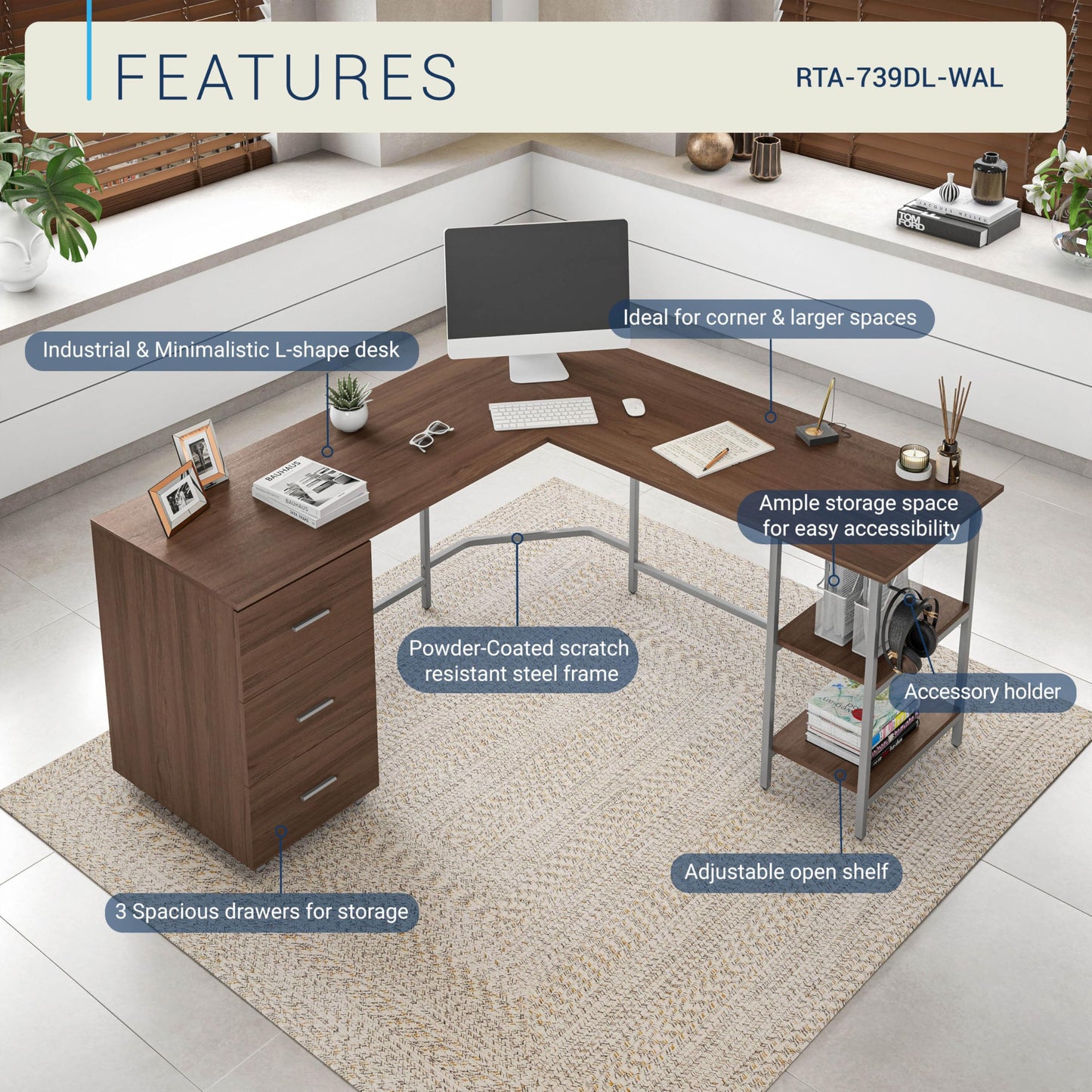 Techni Mobili L Shaped Desk - Two-Toned Computer Desk with Drawers & Storage Shelves - Simple Modern Furniture & Home Office Space Corner Table for Work & Writing